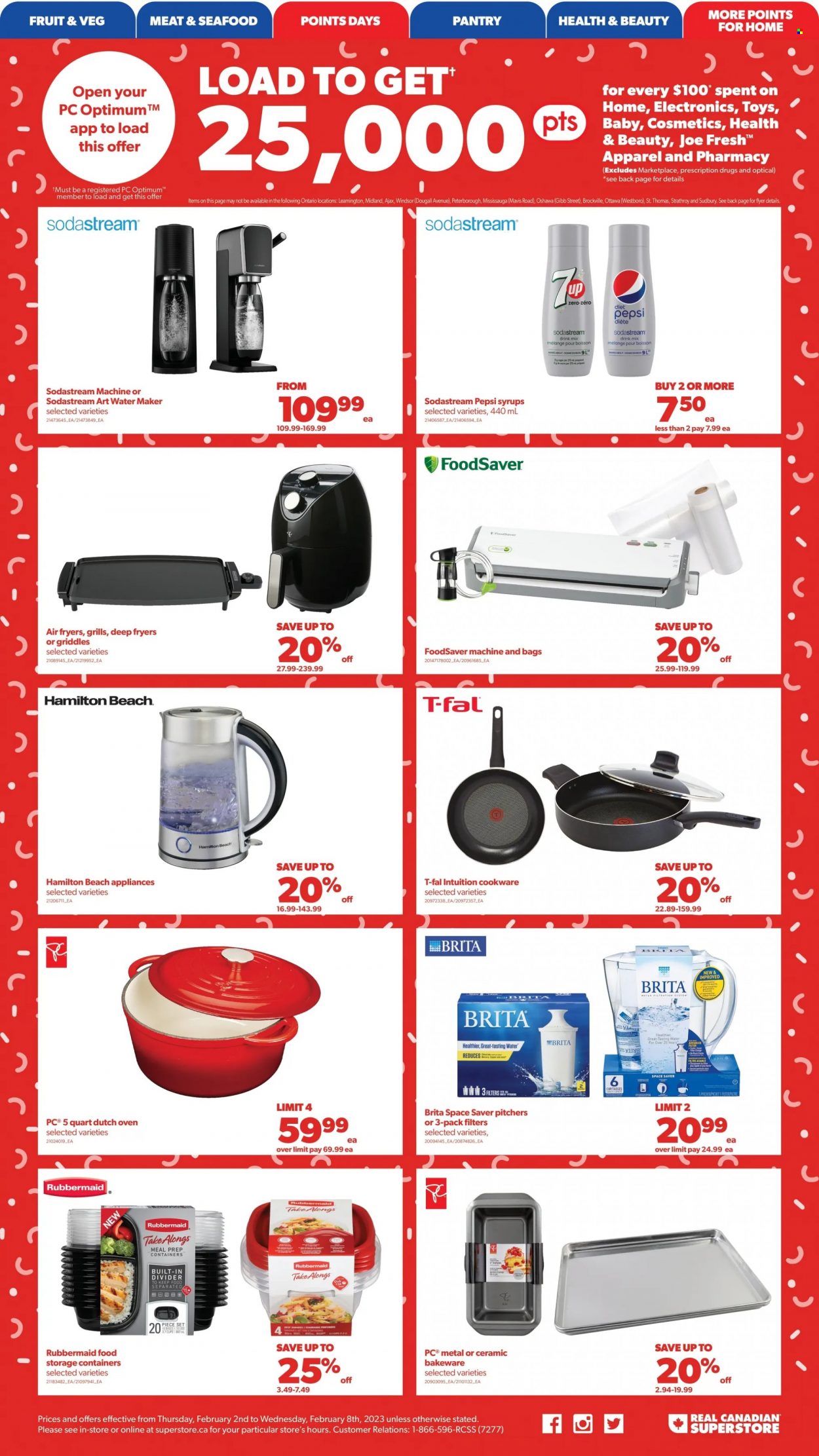thumbnail - Real Canadian Superstore Flyer - February 02, 2023 - February 08, 2023 - Sales products - seafood, Pepsi, Diet Pepsi, Ajax, bag, cookware set, pitcher, SodaStream, cup, bakeware, cast iron dutch oven, storage box, water filter, Optimum, water maker, toys. Page 19.