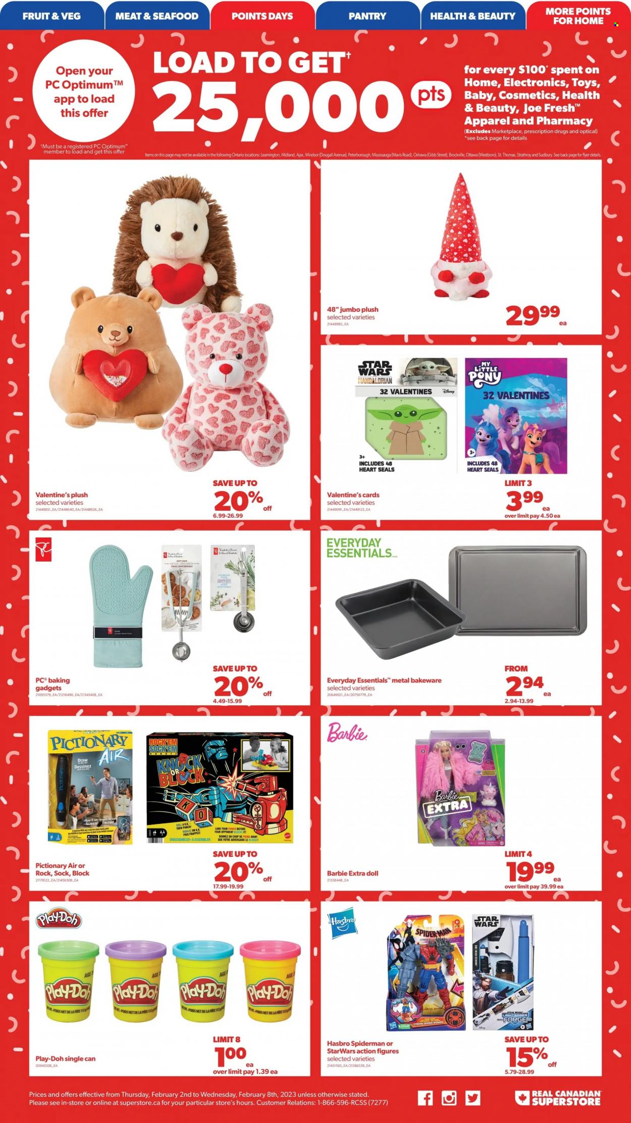 thumbnail - Real Canadian Superstore Flyer - February 02, 2023 - February 08, 2023 - Sales products - chair, seafood, Disney, punch, Spiderman, Ajax, Barbie, bakeware, Optimum, doll, My Little Pony, Hasbro, toys, Play-doh. Page 21.