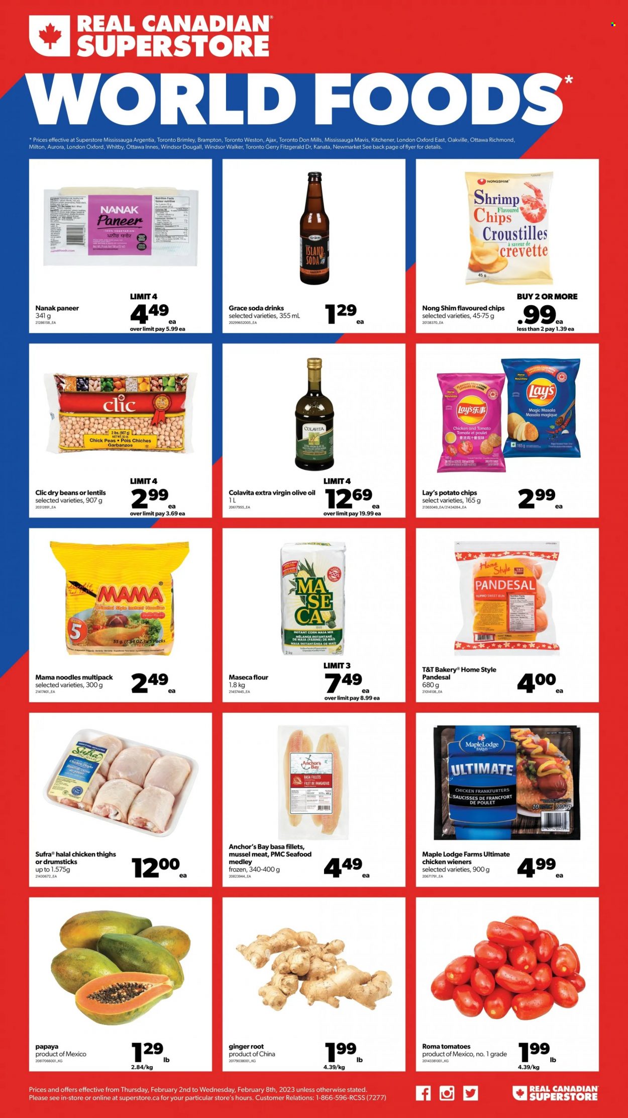 thumbnail - Real Canadian Superstore Flyer - February 02, 2023 - February 08, 2023 - Sales products - beans, corn, ginger, tomatoes, peas, papaya, mussels, seafood, shrimps, noodles, frankfurters, paneer, potato chips, Lay’s, flour, lentils, dry beans, extra virgin olive oil, olive oil, oil, soda, chicken thighs, chicken, Ajax. Page 1.