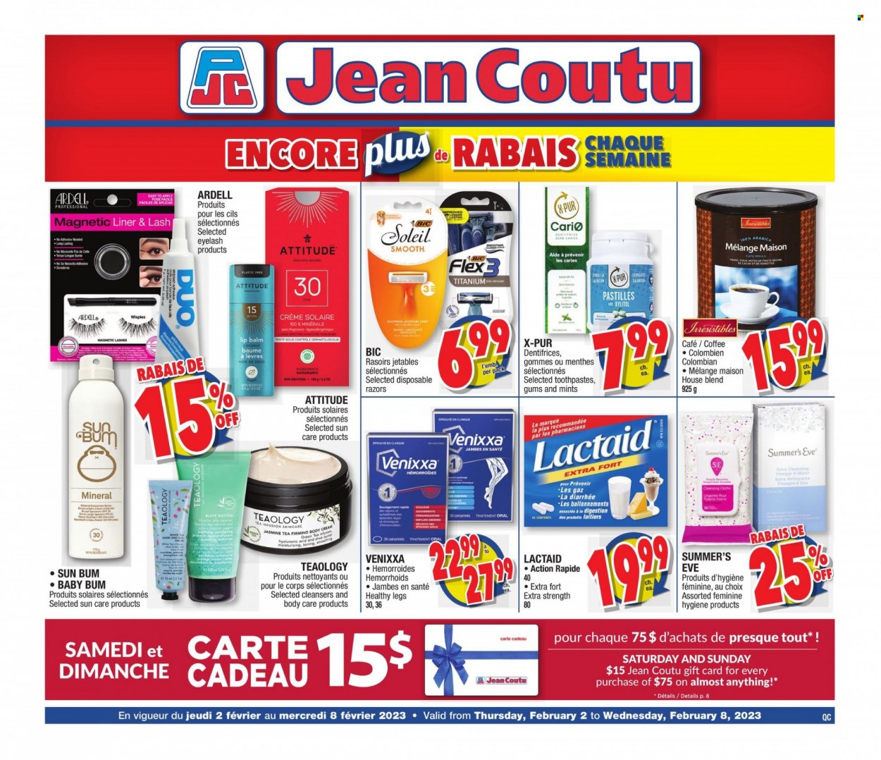 thumbnail - Jean Coutu Flyer - February 02, 2023 - February 08, 2023 - Sales products - jelly, pastilles, matcha, coffee, Clinique, lip balm, fragrance, BIC, disposable razor, Lactaid. Page 1.