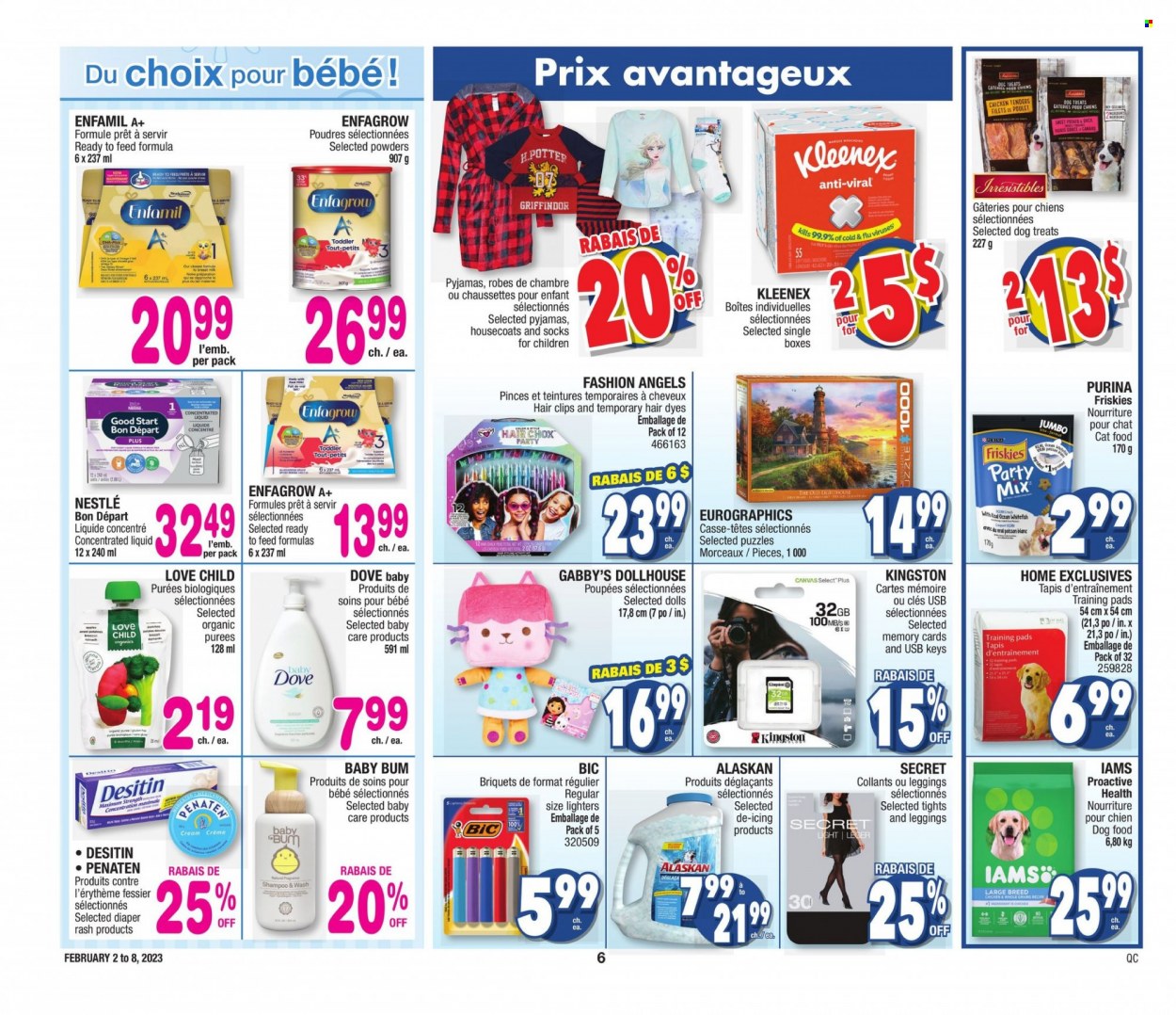 thumbnail - Jean Coutu Flyer - February 02, 2023 - February 08, 2023 - Sales products - Dove, Kleenex, body lotion, BIC, canvas, leggings, socks, tights, doll, Cold & Flu, Desitin, Nestlé, shampoo, puzzle. Page 6.