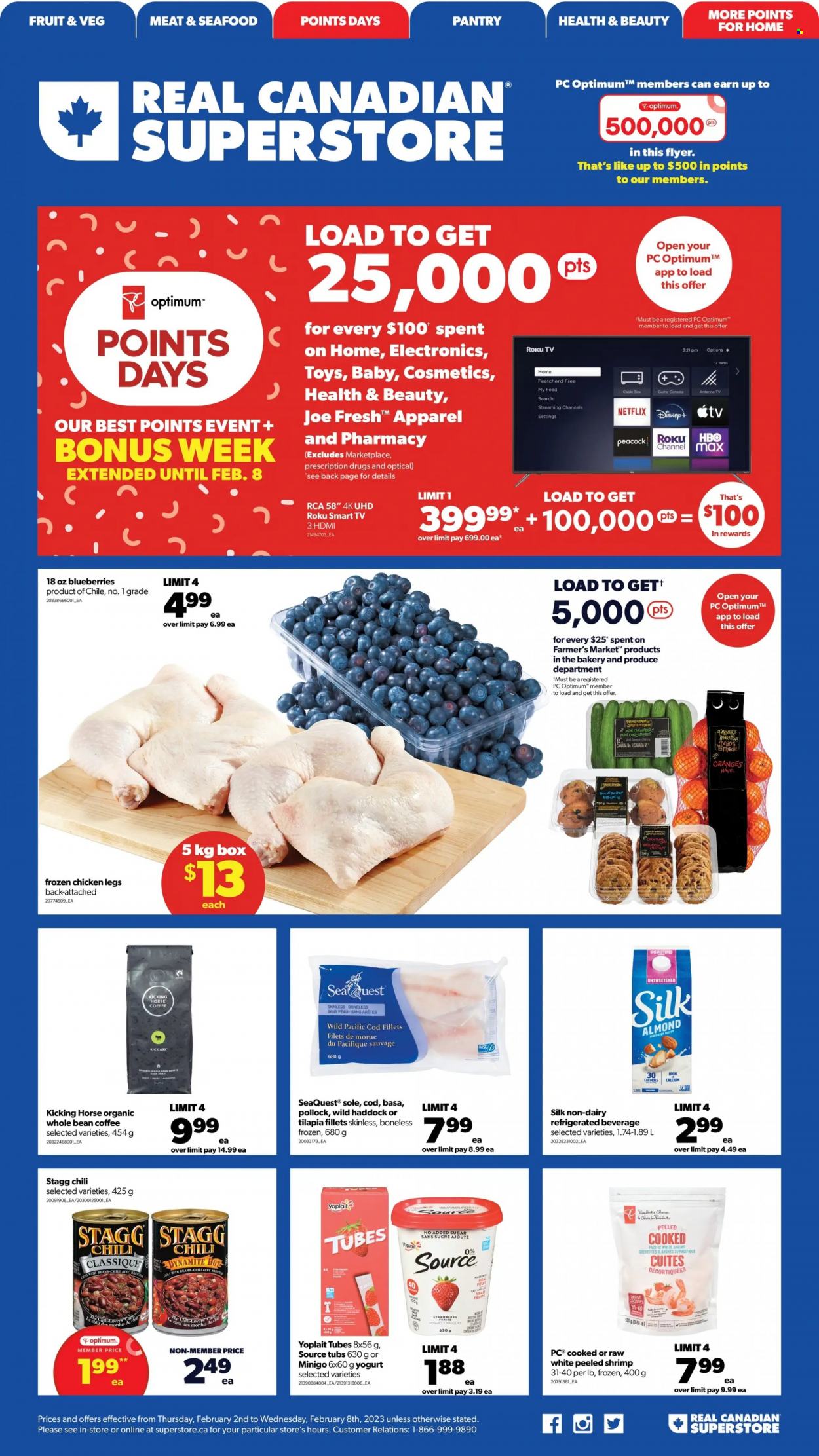 thumbnail - Real Canadian Superstore Flyer - February 02, 2023 - February 08, 2023 - Sales products - blueberries, oranges, cod, tilapia, pollock, seafood, yoghurt, Yoplait, coffee, chicken legs, chicken, Optimum, RCA, roku tv, TV, toys, smart tv. Page 1.