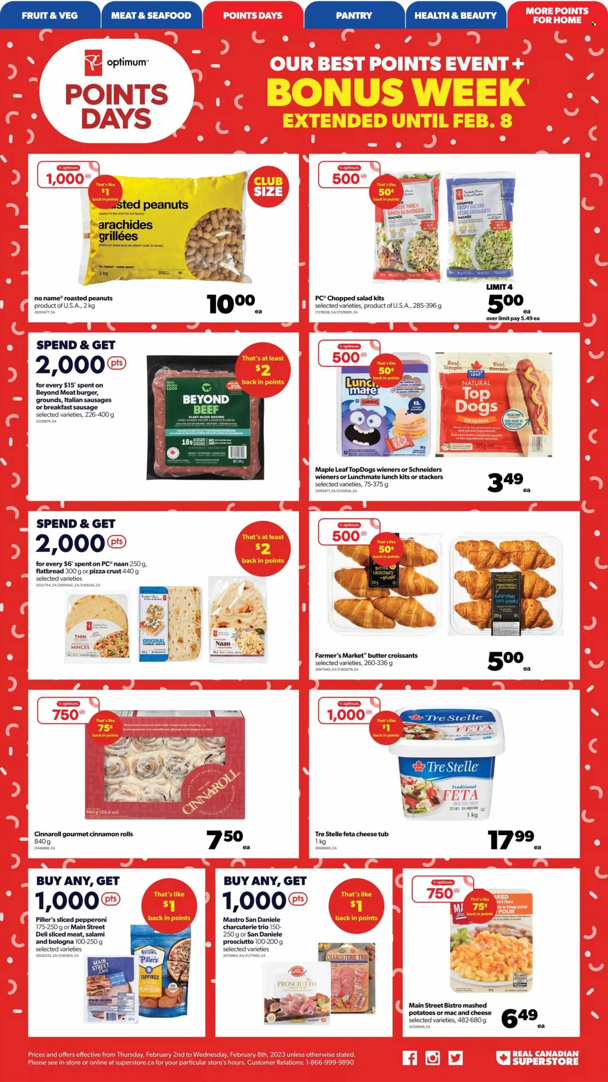 thumbnail - Real Canadian Superstore Flyer - February 02, 2023 - February 08, 2023 - Sales products - flatbread, cinnamon roll, salad, chopped salad, seafood, No Name, macaroni & cheese, mashed potatoes, pizza, hamburger, salami, prosciutto, bologna sausage, sausage, pepperoni, feta, roasted peanuts, peanuts, Optimum, Dell. Page 2.