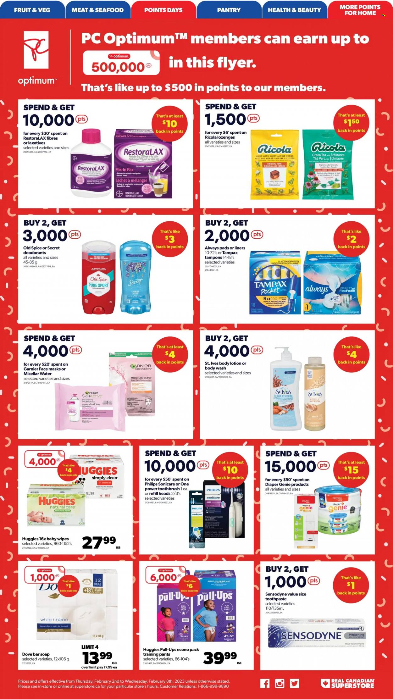 thumbnail - Real Canadian Superstore Flyer - February 02, 2023 - February 08, 2023 - Sales products - Philips, seafood, Dove, Ricola, spice, green tea, wipes, pants, baby wipes, baby pants, body wash, soap bar, soap, toothbrush, toothpaste, Always pads, sanitary pads, tampons, micellar water, face mask, Infinity, body lotion, Optimum, Sonicare, Pax, Garnier, Tampax, Huggies, Old Spice, Sensodyne, deodorant. Page 5.
