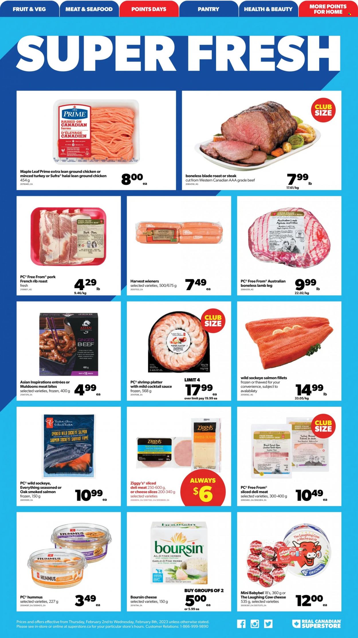 thumbnail - Real Canadian Superstore Flyer - February 02, 2023 - February 08, 2023 - Sales products - ginger, salmon, salmon fillet, smoked salmon, seafood, shrimps, sauce, ham, hummus, sliced cheese, The Laughing Cow, Babybel, herbs, cocktail sauce, ground chicken, chicken, lamb meat, lamb leg, book, steak. Page 9.