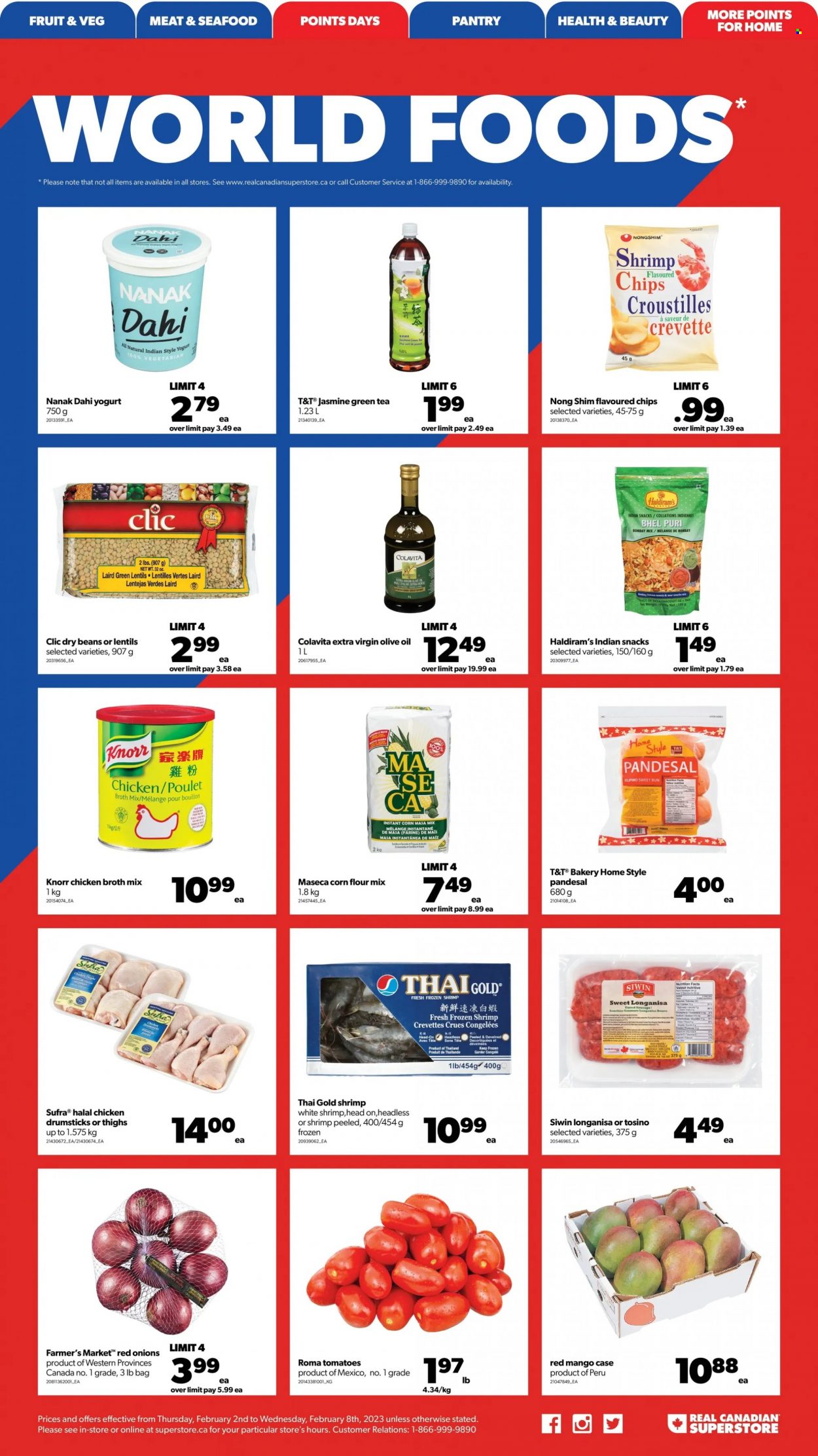 thumbnail - Real Canadian Superstore Flyer - February 02, 2023 - February 08, 2023 - Sales products - beans, red onions, tomatoes, onion, mango, seafood, shrimps, yoghurt, snack, bouillon, flour, chicken broth, corn flour, broth, lentils, dry beans, extra virgin olive oil, olive oil, oil, green tea, tea, Knorr. Page 10.
