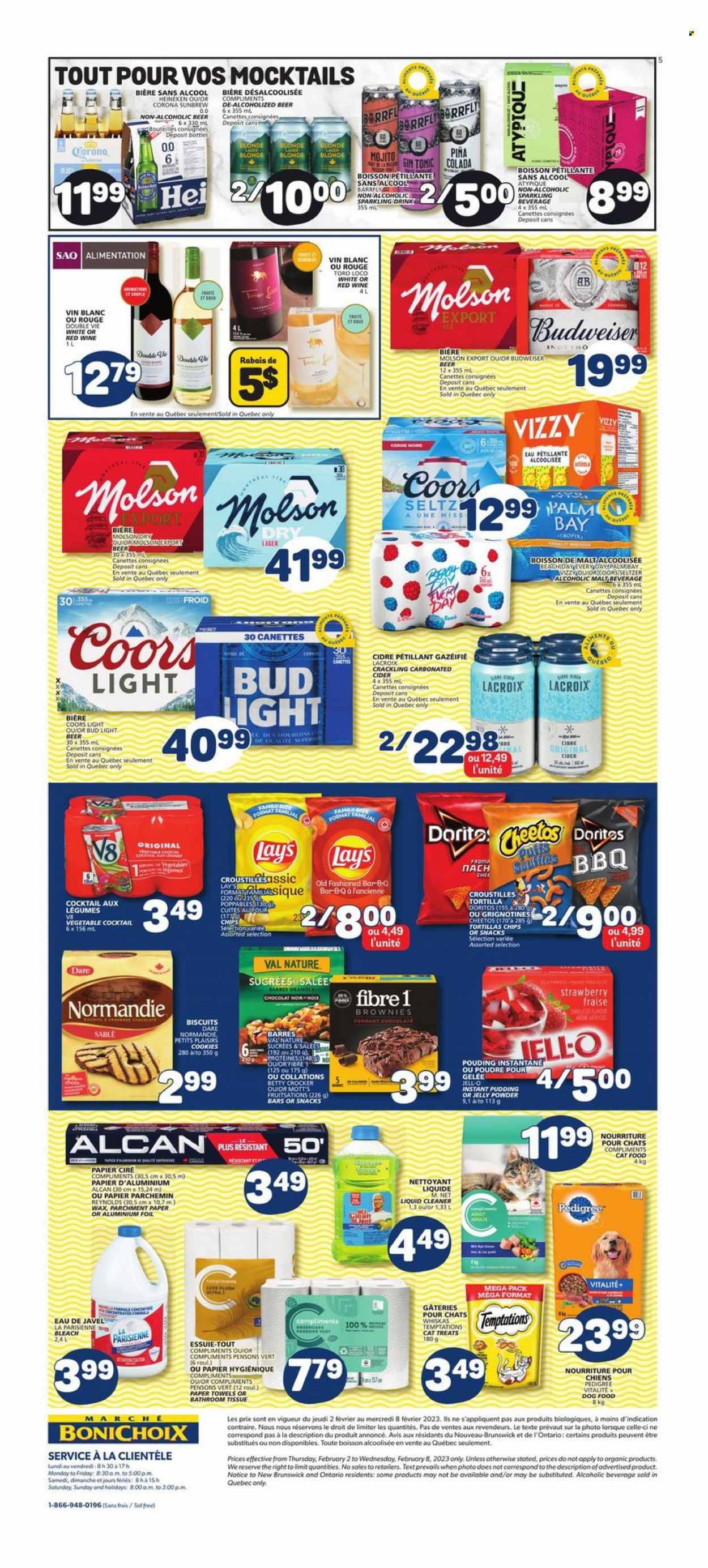 thumbnail - Marché Bonichoix Flyer - February 02, 2023 - February 08, 2023 - Sales products - tortillas, brownies, Mott's, pudding, cookies, chocolate, jelly, biscuit, Doritos, Cheetos, chips, Lay’s, Jell-O, malt, tonic, seltzer water, red wine, wine, cider, beer, Bud Light, Corona Extra, Heineken, Lager, bath tissue, kitchen towels, paper towels, cleaner, bleach, liquid cleaner, Budweiser, granola, Whiskas, Coors. Page 5.