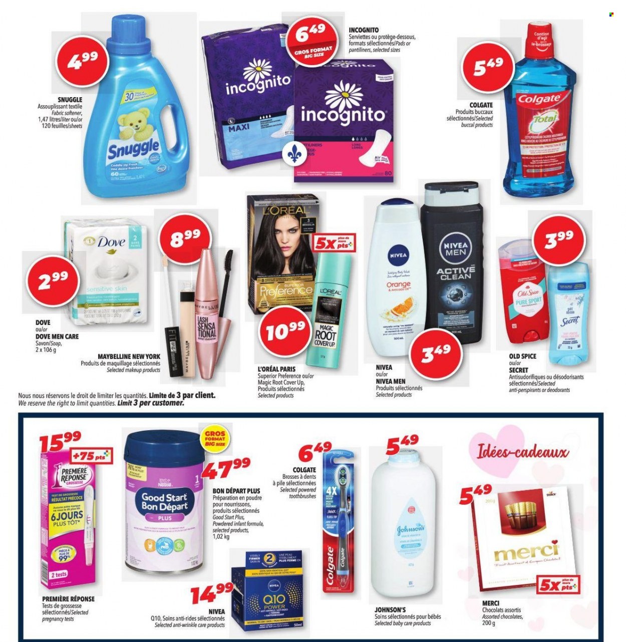 thumbnail - Familiprix Extra Flyer - February 02, 2023 - February 08, 2023 - Sales products - Dove, chocolate, Merci, spice, Johnson's, Nivea, Snuggle, fabric softener, soap, pantiliners, L’Oréal, makeup, Maybelline, Colgate, Old Spice, deodorant. Page 4.