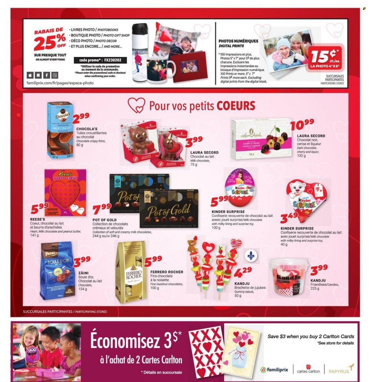 thumbnail - Familiprix Extra Flyer - February 02, 2023 - February 08, 2023 - Sales products - milk chocolate, Kinder Surprise, Reese's, dark chocolate, Thins, peanut butter, Ferrero Rocher. Page 10.