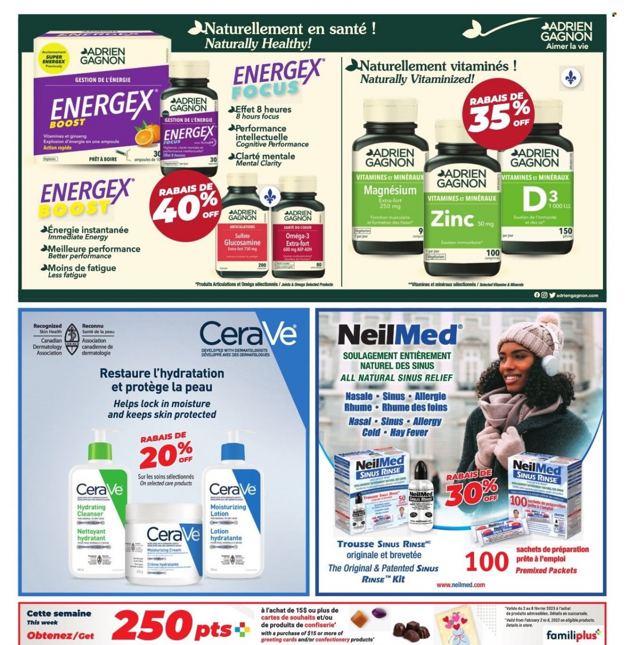 thumbnail - Familiprix Extra Flyer - February 02, 2023 - February 08, 2023 - Sales products - Boost, CeraVe, cleanser, body lotion, glucosamine, magnesium, Omega-3, ginseng, zinc. Page 13.