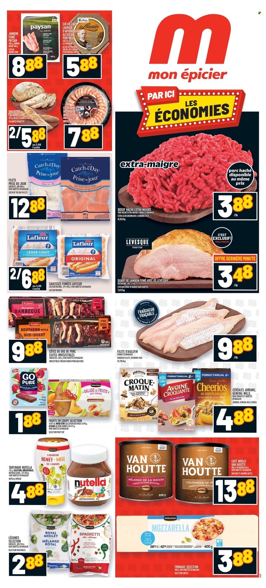 thumbnail - Metro Flyer - February 02, 2023 - February 08, 2023 - Sales products - salmon, haddock, spaghetti, ham, smoked ham, cheese, cereals, Cheerios, honey, coffee, ground coffee, beef meat, ground beef, ribs, pork meat, pork ribs, pork back ribs, baguette, mozzarella, Nutella. Page 1.