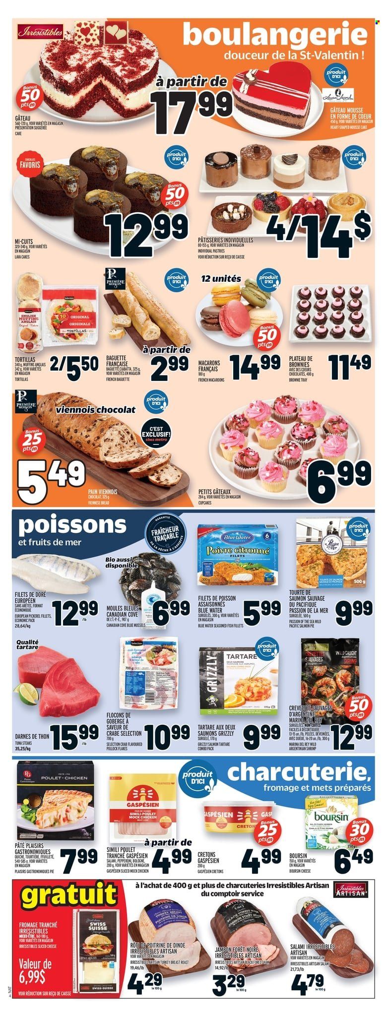 thumbnail - Metro Flyer - February 02, 2023 - February 08, 2023 - Sales products - bread, tortillas, cake, cupcake, brownies, muffin, fish fillets, mussels, tuna, pollock, crab, fish, shrimps, walleye, salami, sliced cheese, cheese, chocolate, turkey breast, turkey, tray, PREMIERE, baguette, ciabatta, steak. Page 5.