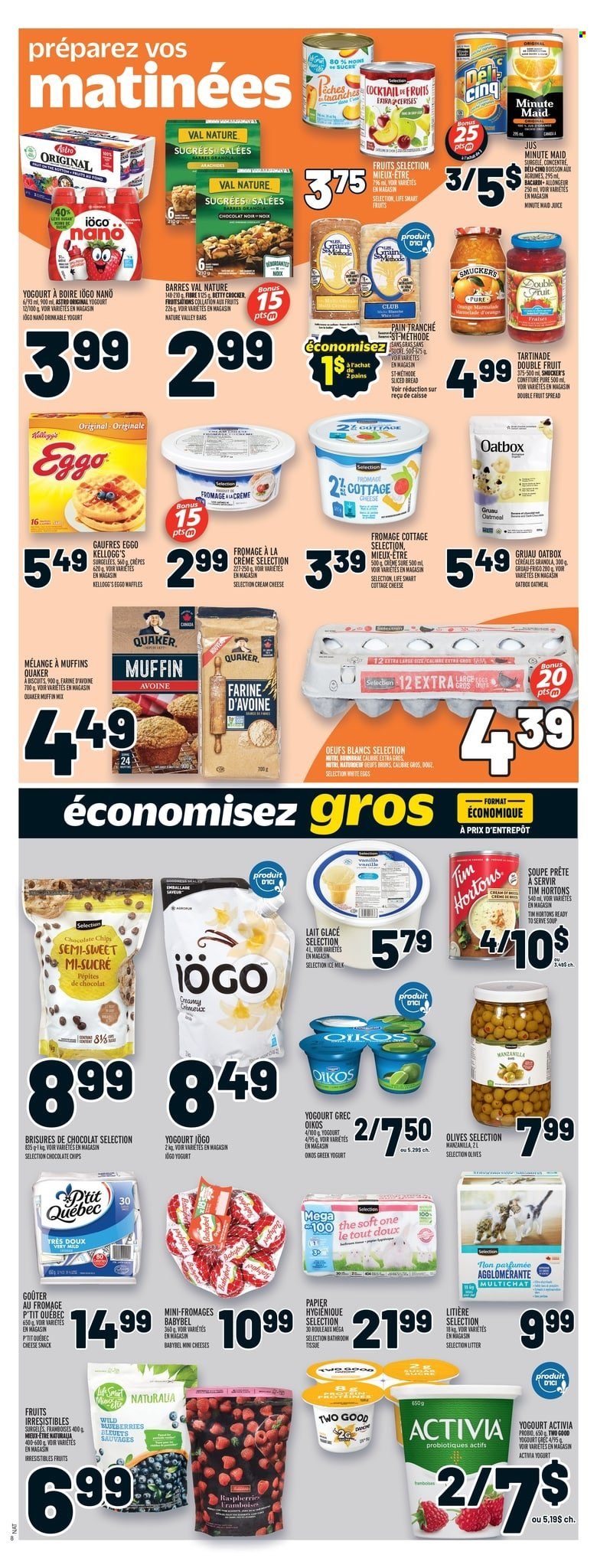thumbnail - Metro Flyer - February 02, 2023 - February 08, 2023 - Sales products - bread, waffles, muffin mix, blueberries, soup, Quaker, cottage cheese, cream cheese, Babybel, yoghurt, Activia, Oikos, milk, eggs, snack, Kellogg's, biscuit, oatmeal, Nature Valley, fruit punch, Bacardi, Sure, granola, olives. Page 7.