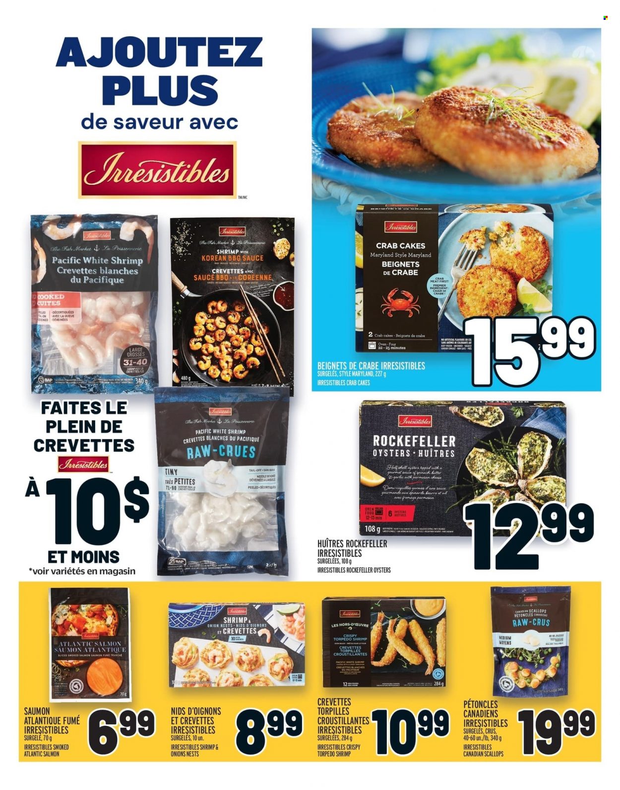 thumbnail - Metro Flyer - February 02, 2023 - February 08, 2023 - Sales products - garlic, spinach, onion, salmon, scallops, smoked salmon, oysters, shrimps, crab cake, sauce, BBQ sauce, marker. Page 12.