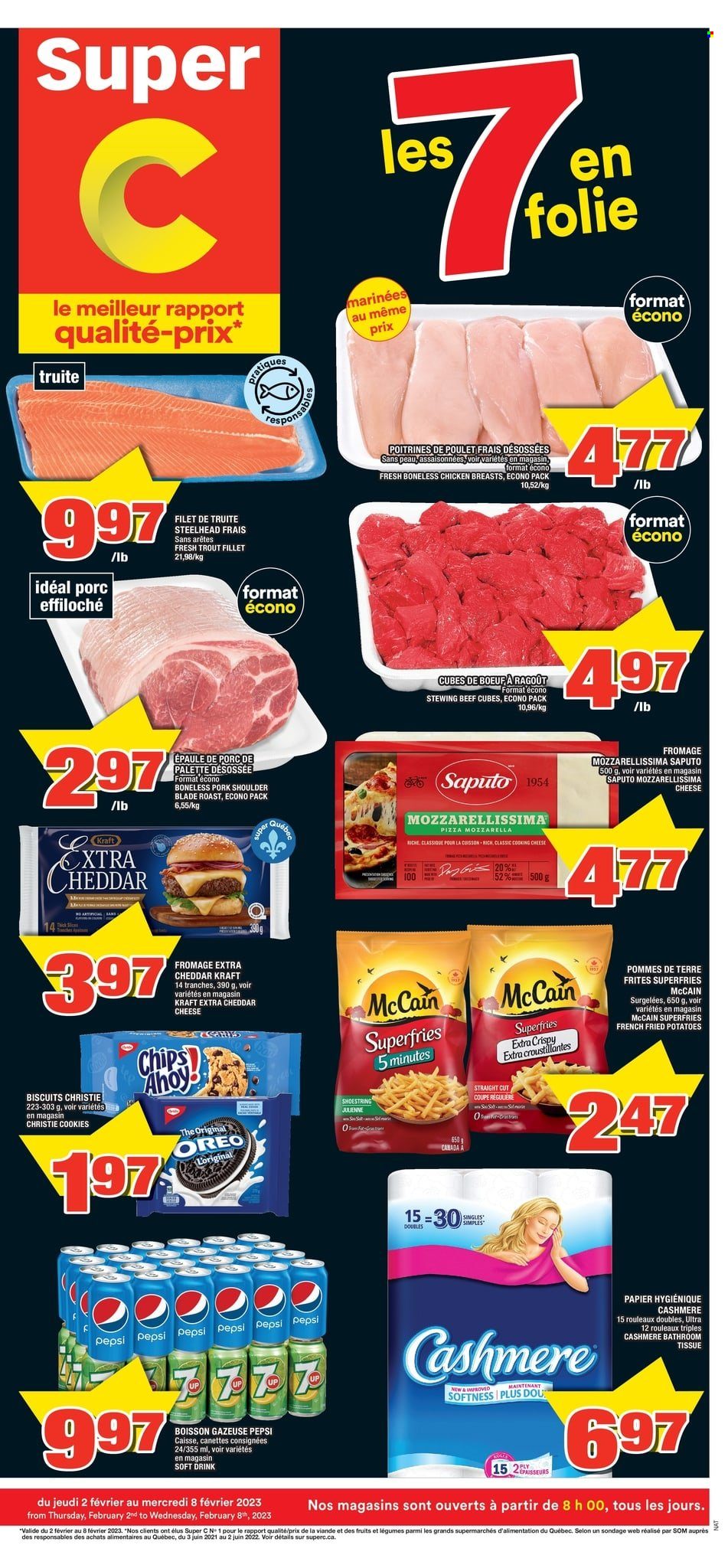 thumbnail - Super C Flyer - February 02, 2023 - February 08, 2023 - Sales products - trout, pizza, Kraft®, McCain, potato fries, cookies, biscuit, Chips Ahoy!, chips, Pepsi, soft drink, chicken breasts, beef meat, stewing beef, pork meat, pork shoulder, bath tissue, Palette, Oreo. Page 1.