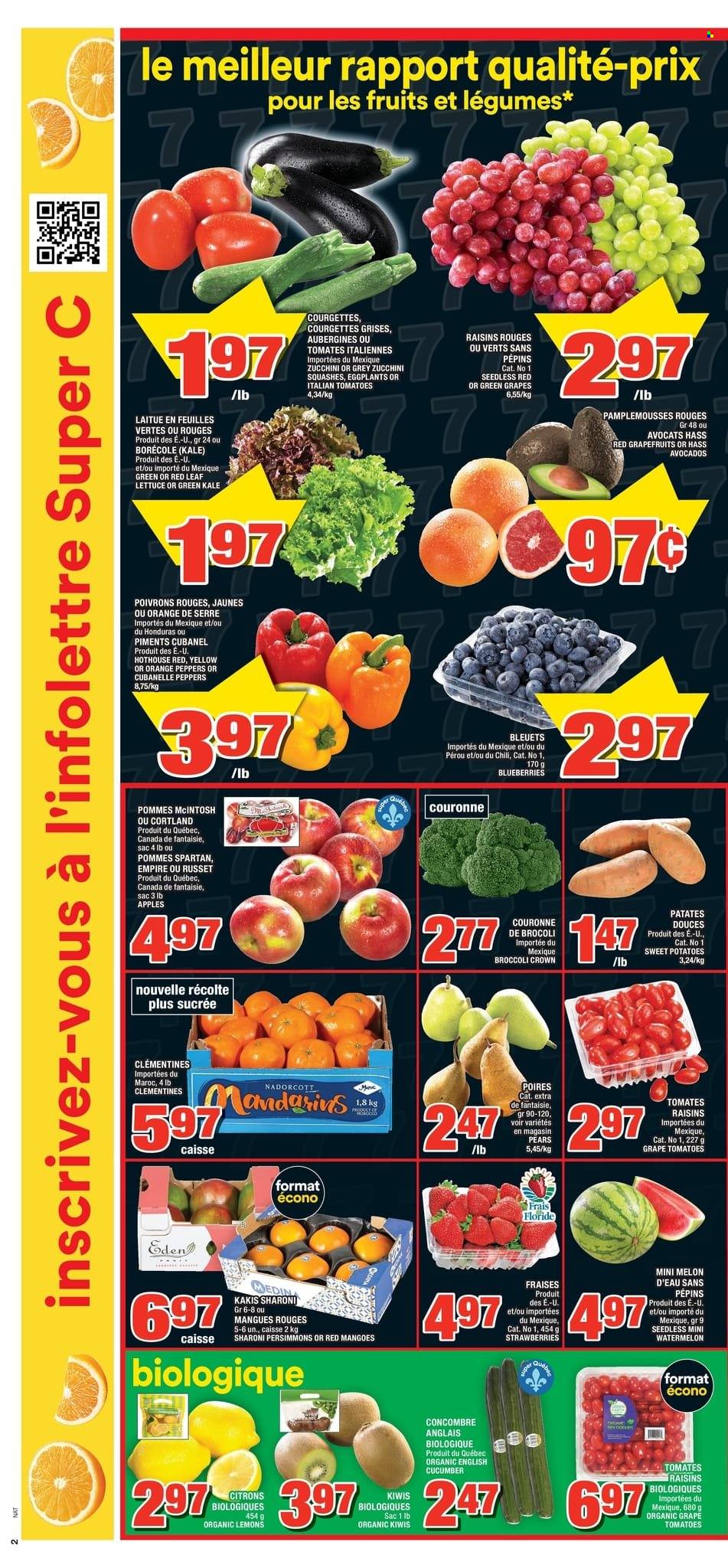 thumbnail - Super C Flyer - February 02, 2023 - February 08, 2023 - Sales products - broccoli, russet potatoes, sweet potato, tomatoes, zucchini, kale, potatoes, lettuce, peppers, eggplant, apples, avocado, clementines, grapefruits, strawberries, watermelon, pears, persimmons, oranges, melons, lemons, dried fruit, kiwi, raisins. Page 2.