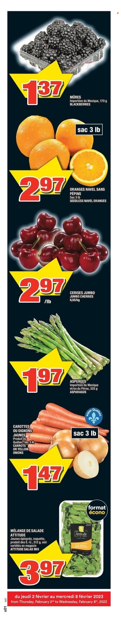 thumbnail - Super C Flyer - February 02, 2023 - February 08, 2023 - Sales products - asparagus, carrots, onion, salad, blackberries, cherries, oranges, navel oranges. Page 11.