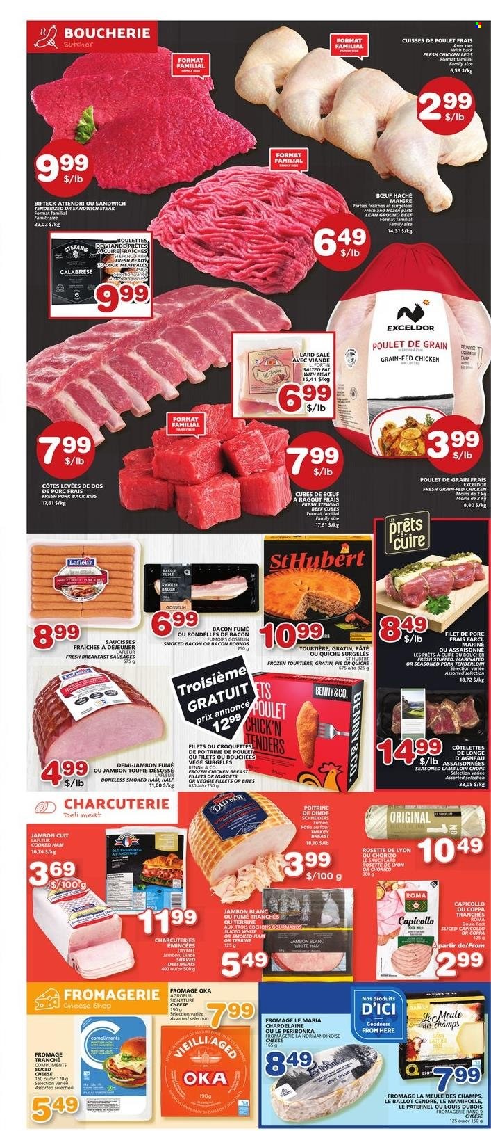 thumbnail - Les Marchés Tradition Flyer - February 02, 2023 - February 08, 2023 - Sales products - pie, meatballs, nuggets, bacon, ham, smoked ham, sausage, sliced cheese, cheese, potato croquettes, quiche, turkey breast, chicken breasts, chicken legs, chicken, turkey, beef meat, ground beef, stewing beef, ribs, pork meat, pork ribs, pork tenderloin, pork back ribs, lamb loin, lamb meat, lard, chorizo, steak. Page 3.