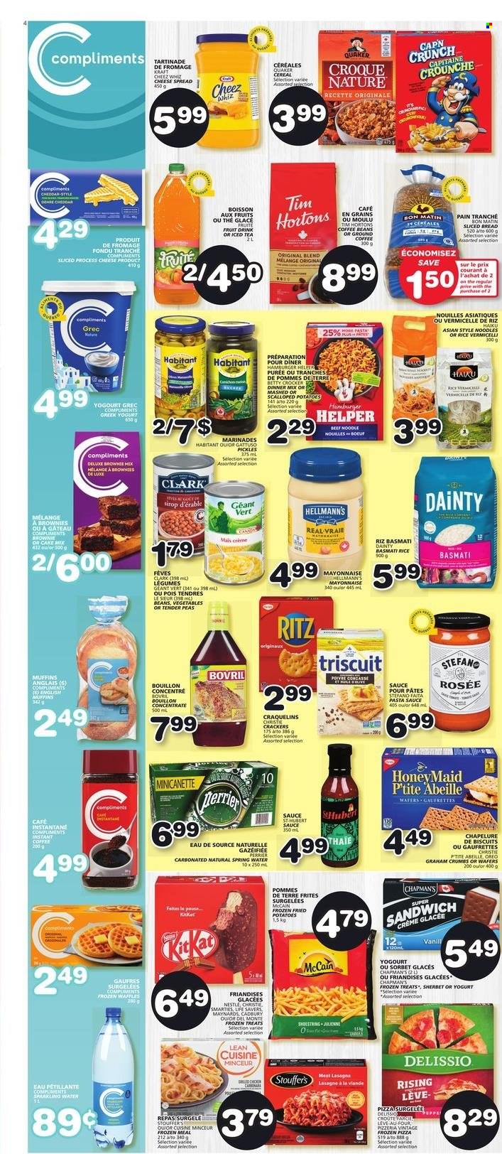 thumbnail - Les Marchés Tradition Flyer - February 02, 2023 - February 08, 2023 - Sales products - bread, english muffins, waffles, cake mix, peas, pizza, pasta sauce, sandwich, sauce, Quaker, noodles, lasagna meal, Lean Cuisine, Kraft®, cheese spread, cheddar, greek yoghurt, mayonnaise, Hellmann’s, sherbet, Stouffer's, McCain, wafers, crackers, biscuit, Cadbury, RITZ, bouillon, pickles, Del Monte, cereals, basmati rice, rice, rice vermicelli, fruit drink, ice tea, Perrier, coffee, instant coffee, coffee beans, ground coffee, Scott, Nestlé, Oreo, Smarties. Page 4.