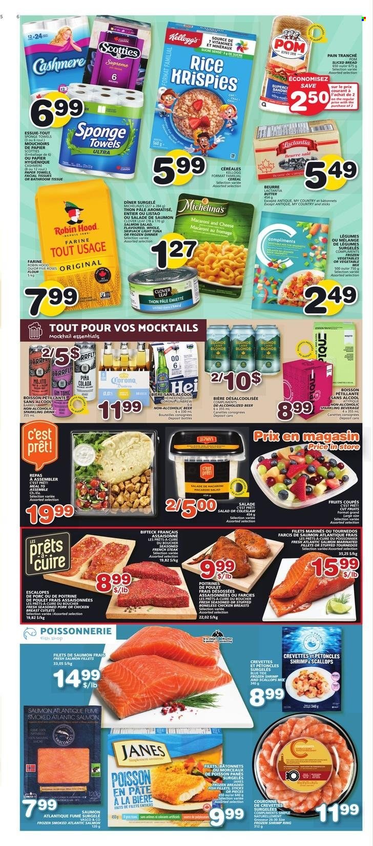 thumbnail - Les Marchés Tradition Flyer - February 02, 2023 - February 08, 2023 - Sales products - bread, fish fillets, salmon, salmon fillet, scallops, tuna, fish, shrimps, coleslaw, macaroni & cheese, breaded fish, macaroni salad, Clover, butter, frozen vegetables, Kellogg's, flour, light tuna, cereals, Rice Krispies, tonic, Ron Pelicano, beer, Corona Extra, Lager, chicken, bath tissue, kitchen towels, paper towels, Tide, facial tissues, steak. Page 5.