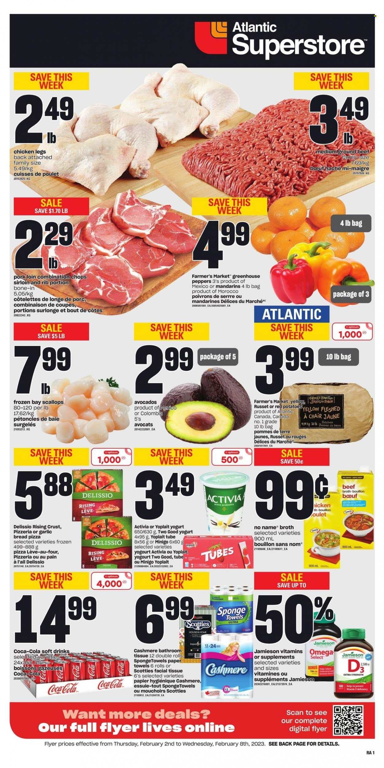 thumbnail - Atlantic Superstore Flyer - February 02, 2023 - February 08, 2023 - Sales products - bread, russet potatoes, potatoes, peppers, red potatoes, avocado, mandarines, scallops, No Name, pizza, yoghurt, Activia, Yoplait, beef broth, bouillon, broth, Coca-Cola, soft drink, chicken legs, chicken, beef meat, ground beef, pork loin, pork meat, bath tissue, kitchen towels, paper towels, Optimum, probiotics. Page 1.