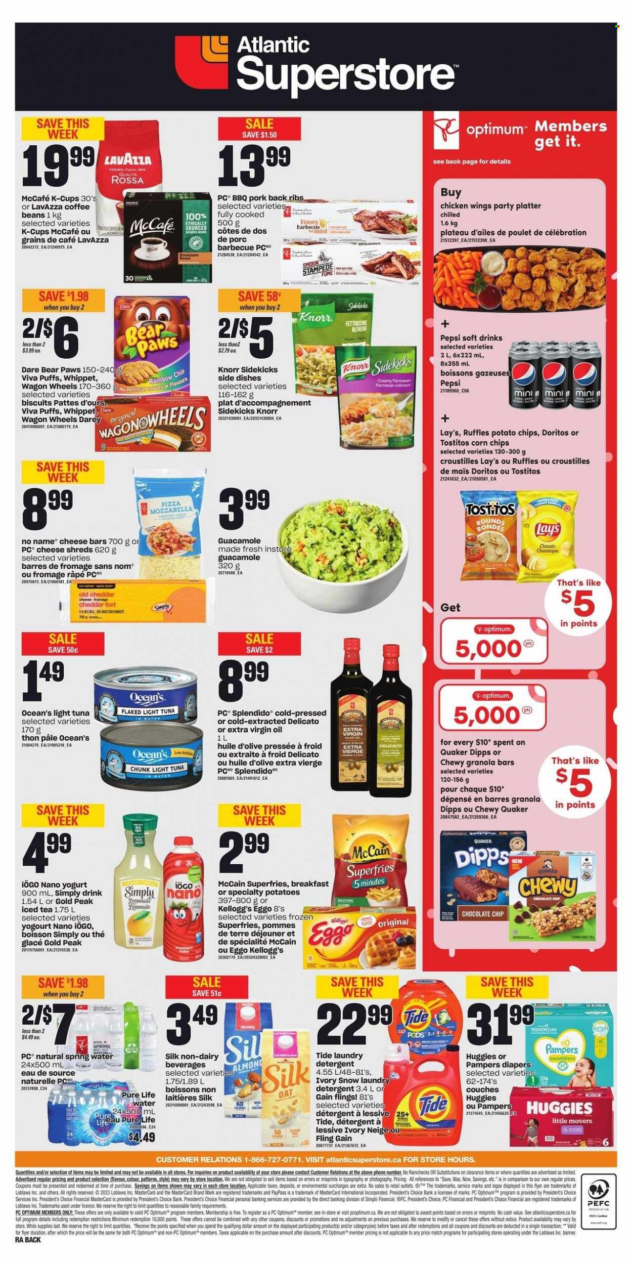 thumbnail - Atlantic Superstore Flyer - February 02, 2023 - February 08, 2023 - Sales products - puffs, tuna, No Name, pizza, Quaker, guacamole, parmesan, yoghurt, Silk, chicken wings, McCain, potato fries, Celebration, Kellogg's, biscuit, Doritos, potato chips, Lay’s, corn chips, Ruffles, Tostitos, oats, light tuna, granola bar, extra virgin olive oil, oil, honey, Pepsi, ice tea, soft drink, spring water, Pure Life Water, coffee, coffee beans, coffee capsules, McCafe, K-Cups, Lavazza, ribs, pork meat, pork ribs, pork back ribs, Pampers, nappies, Gain, Tide, laundry detergent, Paws, Optimum, detergent, Huggies, Knorr. Page 3.