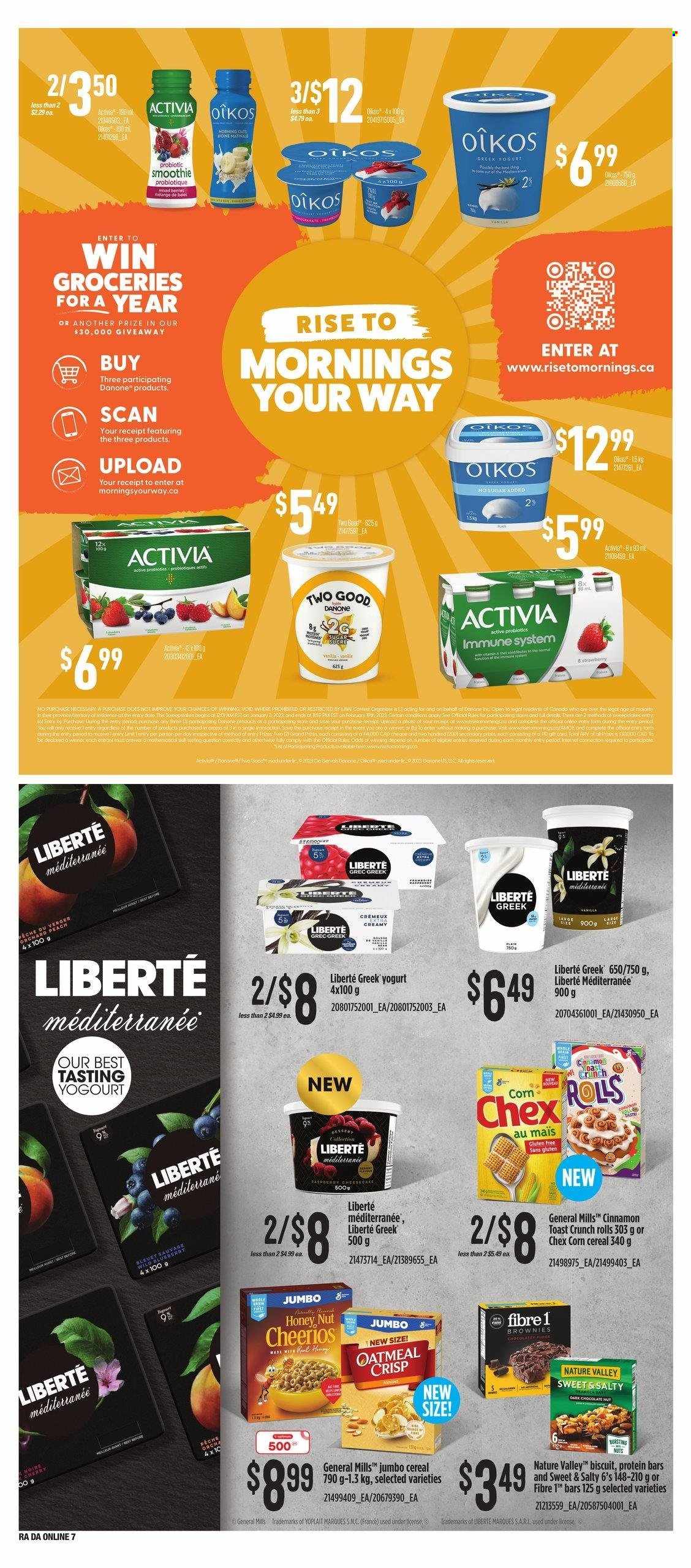 thumbnail - Atlantic Superstore Flyer - February 02, 2023 - February 08, 2023 - Sales products - cheesecake, brownies, corn, cherries, greek yoghurt, yoghurt, Activia, Oikos, Yoplait, Dove, biscuit, oatmeal, cereals, Cheerios, protein bar, Nature Valley, cinnamon, smoothie, probiotics, Danone. Page 13.