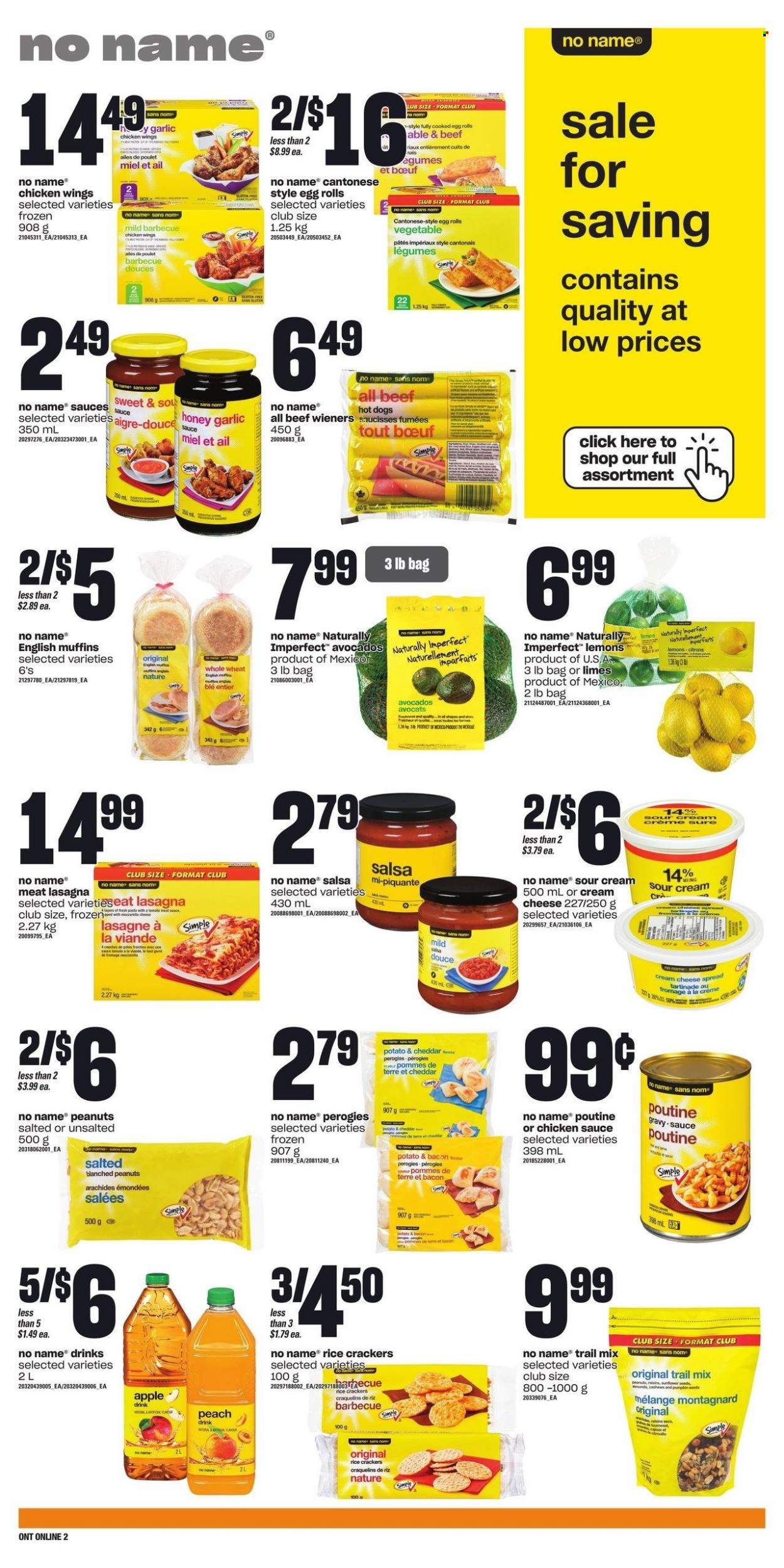 thumbnail - Loblaws Flyer - February 02, 2023 - February 08, 2023 - Sales products - english muffins, avocado, limes, lemons, No Name, hot dog, pasta, egg rolls, lasagna meal, bacon, cheese spread, sour cream, chicken wings, crackers, rice crackers, salsa, garlic sauce, honey, peanuts, trail mix, Sure, Apple. Page 8.