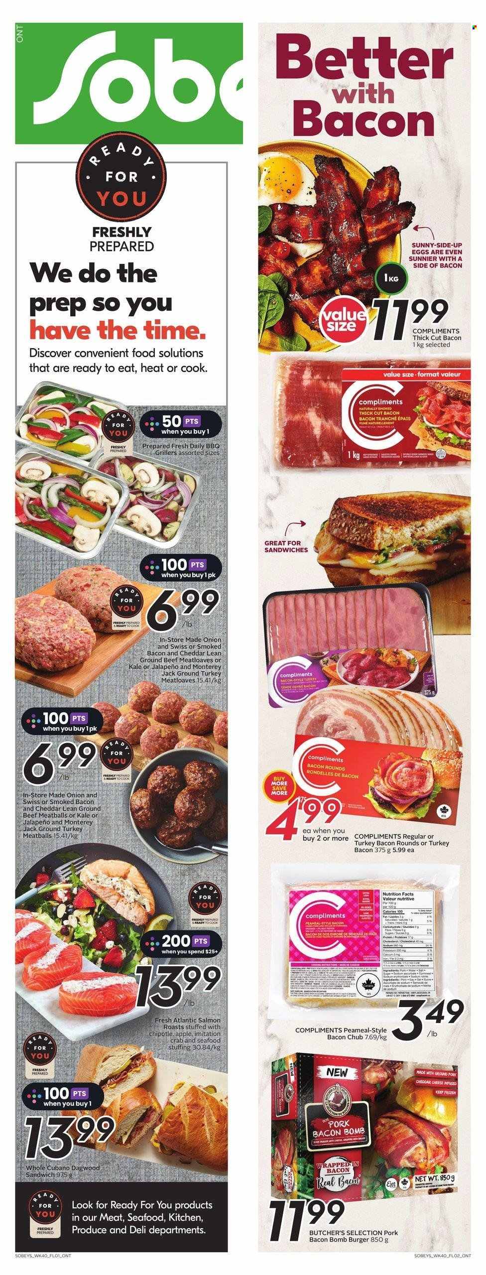 thumbnail - Sobeys Flyer - February 02, 2023 - February 08, 2023 - Sales products - kale, onion, salmon, seafood, crab, meatballs, sandwich, hamburger, dagwood, bacon, turkey bacon, Monterey Jack cheese, cheddar, eggs, sugar, ground turkey, beef meat, ground beef, ground pork. Page 21.