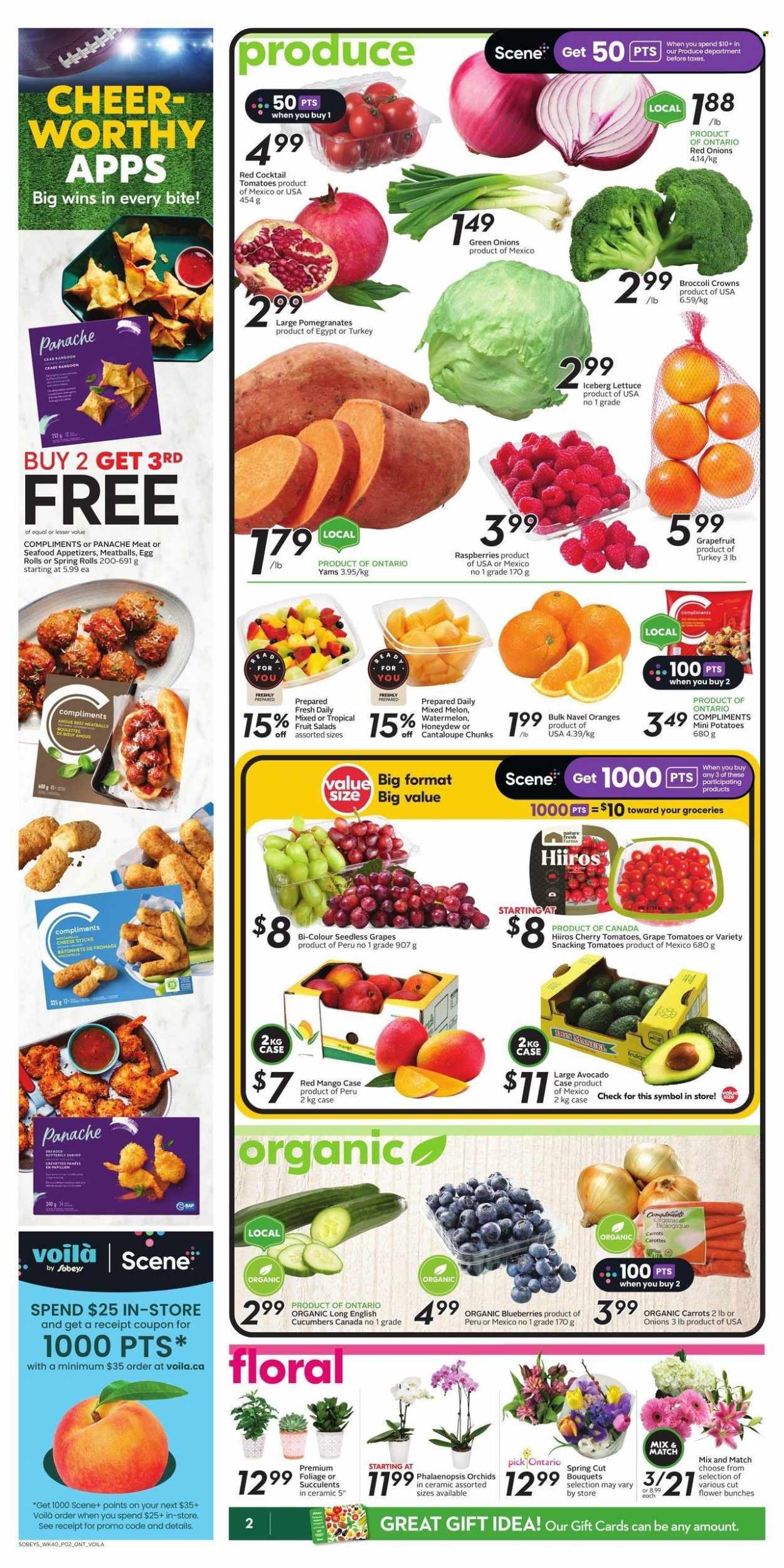 thumbnail - Sobeys Flyer - February 02, 2023 - February 08, 2023 - Sales products - cantaloupe, carrots, cucumber, red onions, potatoes, lettuce, green onion, avocado, blueberries, grapefruits, seedless grapes, watermelon, honeydew, cherries, oranges, melons, pomegranate, navel oranges, seafood, meatballs, egg rolls, spring rolls, bunches, bouquet, succulent. Page 3.