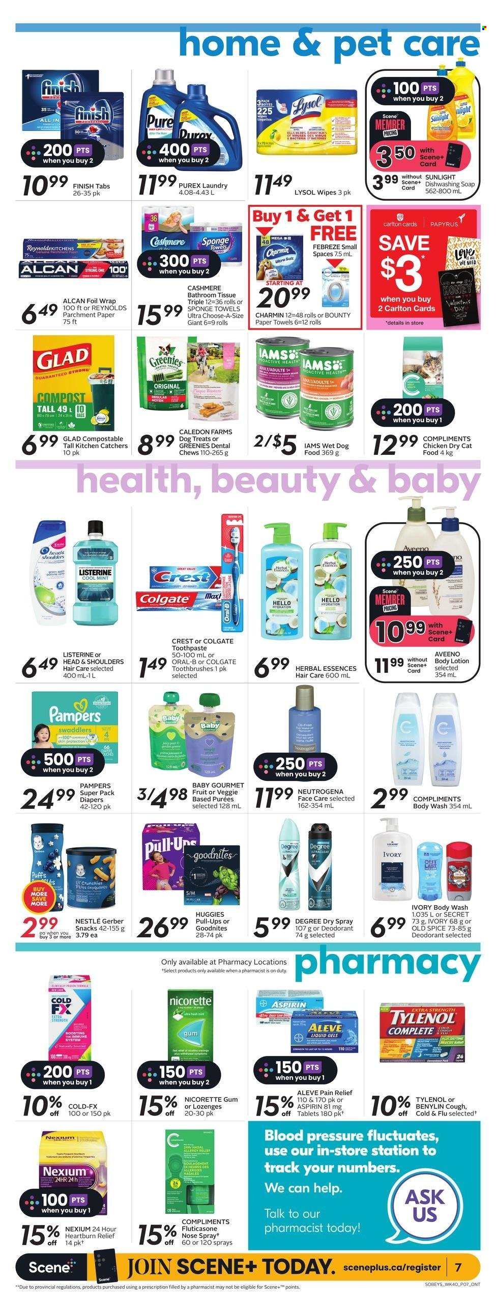 thumbnail - Sobeys Flyer - February 02, 2023 - February 08, 2023 - Sales products - puffs, snack, Bounty, chewing gum, Gerber, spice, honey, wipes, Pampers, nappies, Aveeno, bath tissue, kitchen towels, paper towels, Charmin, Febreze, Lysol, Sunlight, Purex, body wash, soap, toothpaste, Crest, Head & Shoulders, Herbal Essences, body lotion, anti-perspirant, animal food, Greenies, dental chews, cat food, dog food, wet dog food, dry cat food, Iams, compost, pain relief, Aleve, Cold & Flu, Nicorette, Tylenol, Nexium, Nicorette Gum, aspirin, Benylin, Colgate, Listerine, Nestlé, Neutrogena, Huggies, Old Spice, Oral-B, deodorant. Page 8.