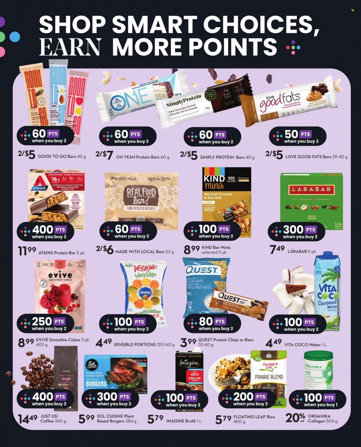 thumbnail - Sobeys Flyer - February 02, 2023 - February 08, 2023 - Sales products - tortillas, hamburger, chocolate, snack, dark chocolate, snack bar, chips, beef broth, bouillon, broth, protein bar, rice, caramel, peanut butter, almonds, coconut water, smoothie, coffee, Sol. Page 12.