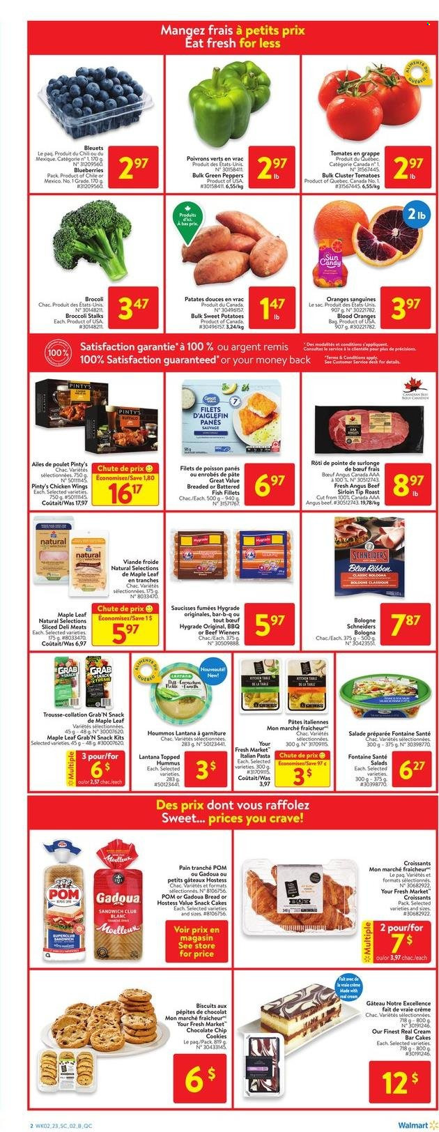 thumbnail - Walmart Flyer - February 02, 2023 - February 08, 2023 - Sales products - bread, cake, croissant, Blue Ribbon, broccoli, sweet potato, potatoes, peppers, blueberries, oranges, fish fillets, fish, sandwich, pasta, bologna sausage, hummus, chicken wings, cookies, snack, biscuit, beef meat, beef sirloin, table, kitchen table. Page 5.