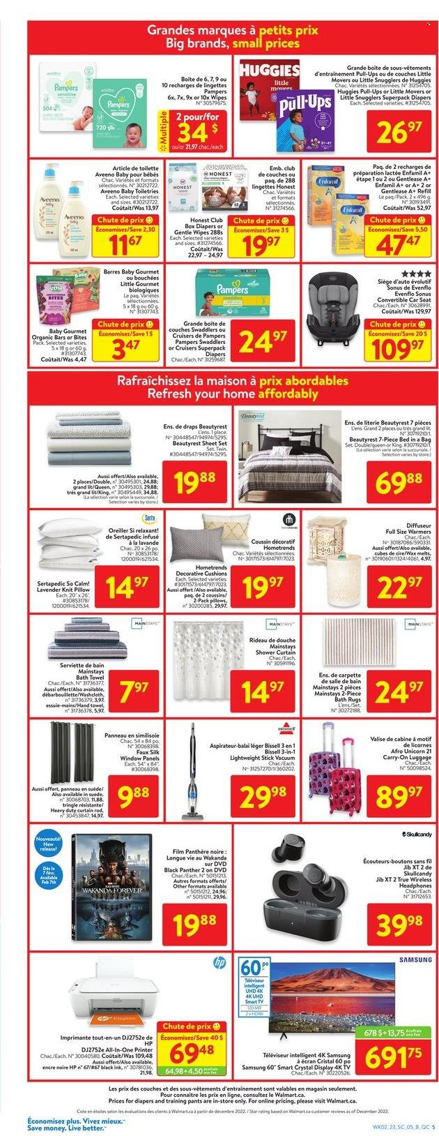 thumbnail - Walmart Flyer - February 02, 2023 - February 08, 2023 - Sales products - Hewlett Packard, Silk, Enfamil, wipes, Pampers, pants, nappies, baby pants, Aveeno, shower curtain, DVD, cushion, pillow, curtain, bath mat, bath towel, towel, washcloth, hand towel, Samsung, UHD TV, TV, Skullcandy, wireless headphones, headphones, Bissell, all-in-one printer, printer, bed, luggage, baby car seat, smart tv, Huggies, curtain rod. Page 8.