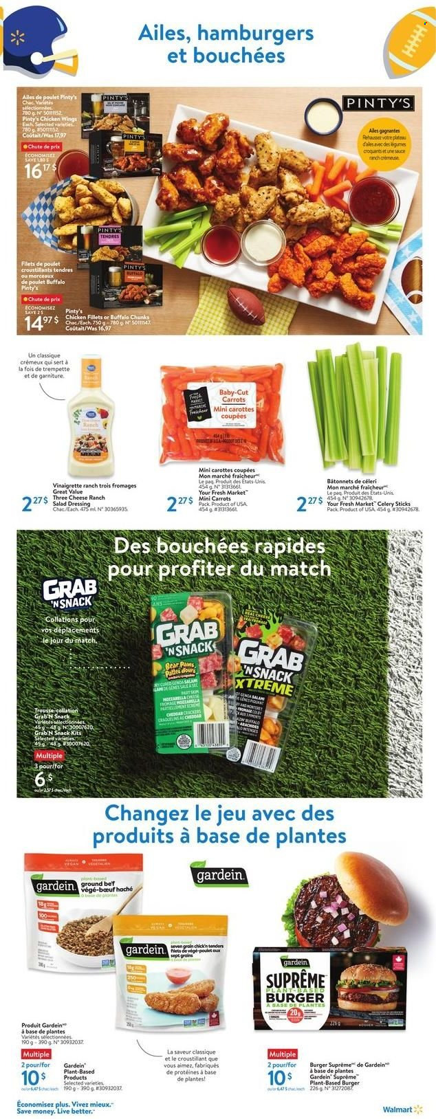 thumbnail - Walmart Flyer - February 02, 2023 - February 08, 2023 - Sales products - carrots, hamburger, sauce, cheddar, chicken wings, snack, crackers, celery sticks, salad dressing, vinaigrette dressing, dressing, L'Or, Paws, mozzarella. Page 11.
