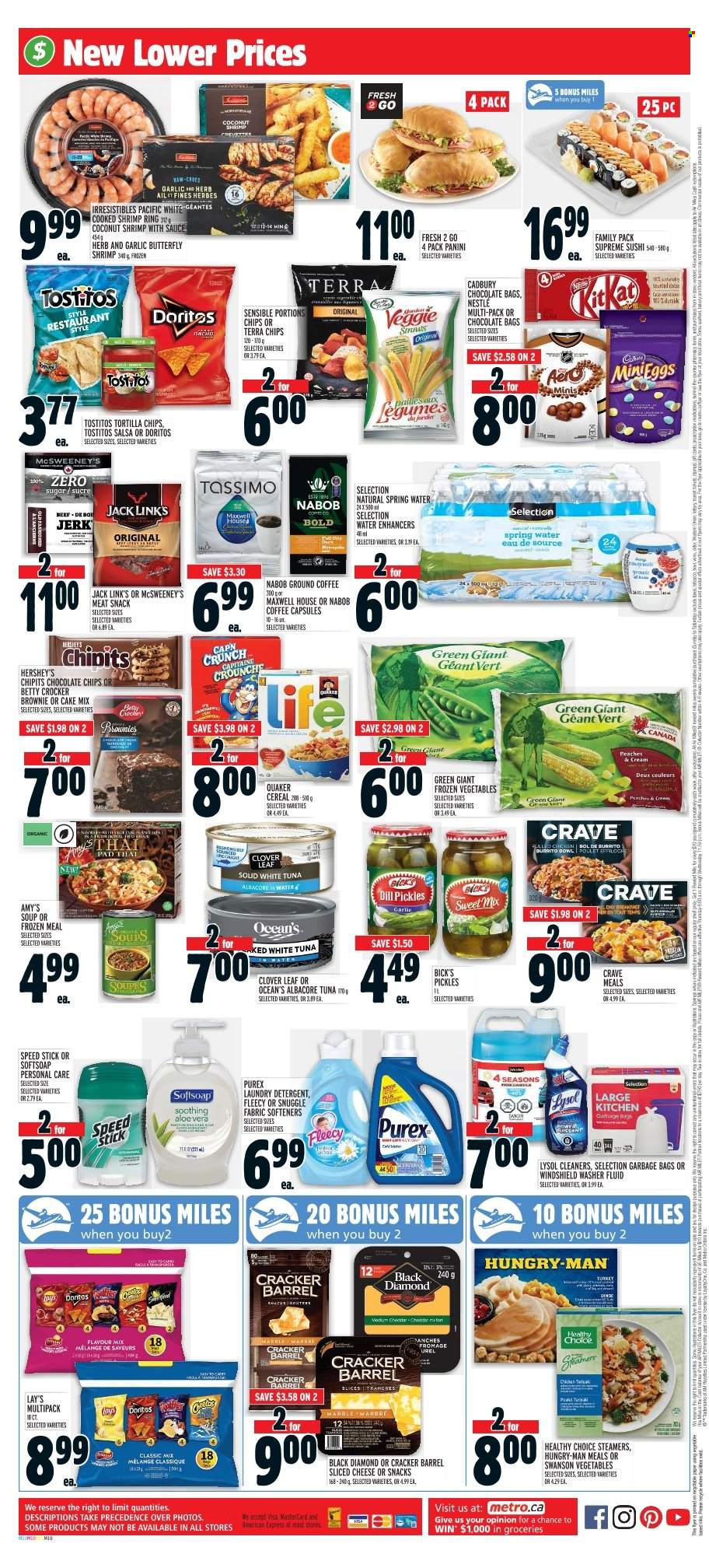 thumbnail - Metro Flyer - February 02, 2023 - February 08, 2023 - Sales products - panini, cake mix, garlic, peaches, tuna, shrimps, soup, burrito, Quaker, Healthy Choice, sliced cheese, Clover, Hershey's, frozen vegetables, crackers, Cadbury, Doritos, tortilla chips, Lay’s, Tostitos, Jack Link's, pickles, cereals, dill, herbs, salsa, spring water, Maxwell House, coffee, ground coffee, coffee capsules, Lysol, Snuggle, laundry detergent, Purex, Softsoap, Speed Stick, detergent, Nestlé. Page 2.