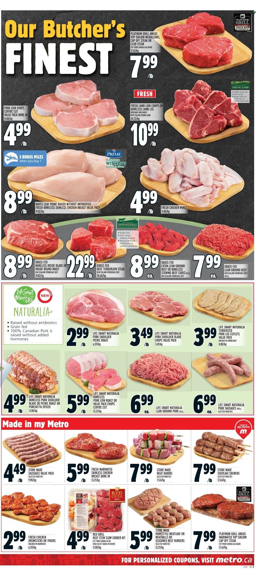 thumbnail - Metro Flyer - February 02, 2023 - February 08, 2023 - Sales products - garlic, meatballs, hamburger, meatloaf, beef burger, sausage, chicken wings, rosemary, chicken drumsticks, chicken, beef meat, ground beef, beef tenderloin, round roast, stewing beef, ground pork, pork chops, pork loin, pork meat, pork shoulder, pork leg, lamb loin, lamb meat, lamb leg, grill, steak. Page 4.