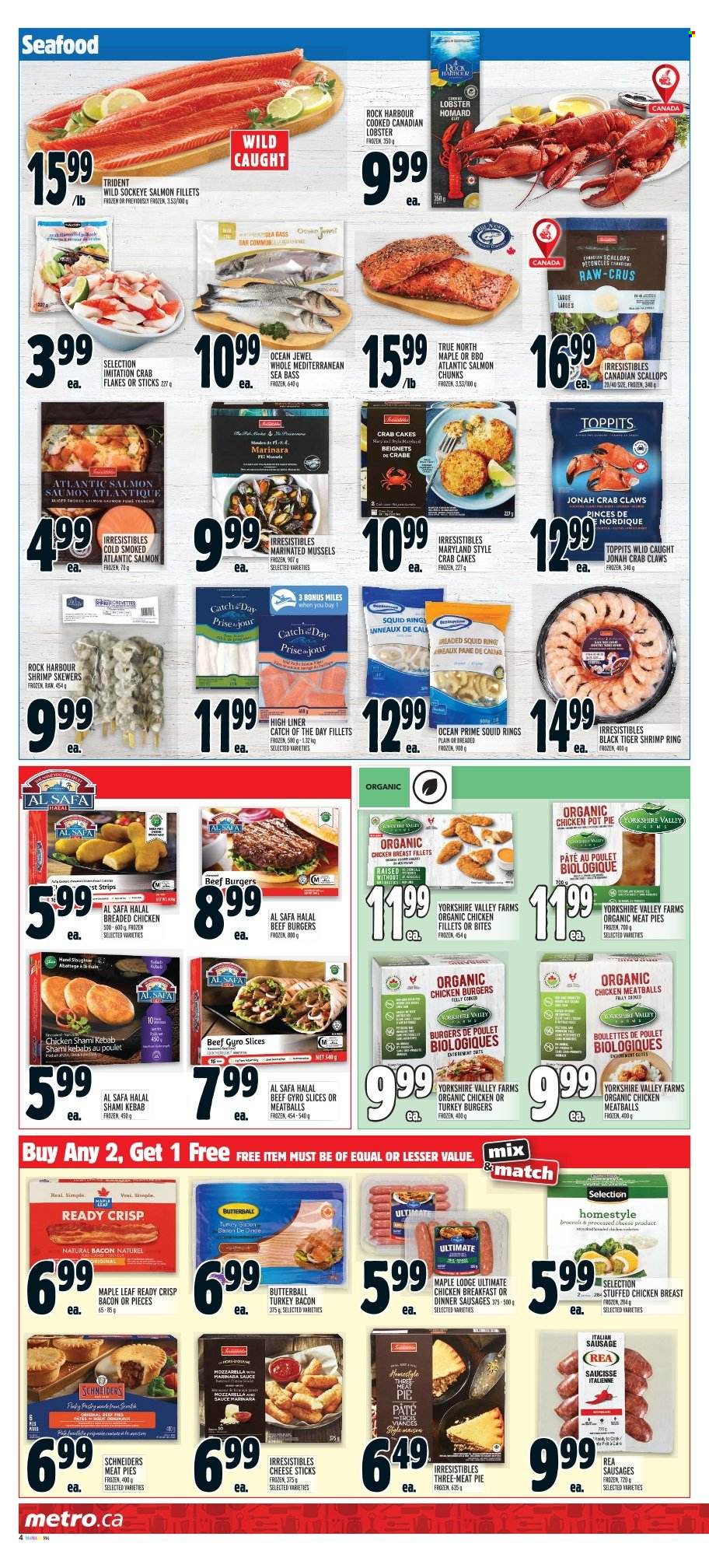 thumbnail - Metro Flyer - February 02, 2023 - February 08, 2023 - Sales products - pie, pot pie, lobster, mussels, salmon, salmon fillet, scallops, sea bass, squid, seafood, fish, shrimps, squid rings, crab cake, meatballs, hamburger, sauce, fried chicken, beef burger, stuffed chicken, bacon, Butterball, turkey bacon, sausage, cheese, strips, cheese sticks, Trident, Cerés, chicken, turkey burger, pot. Page 5.