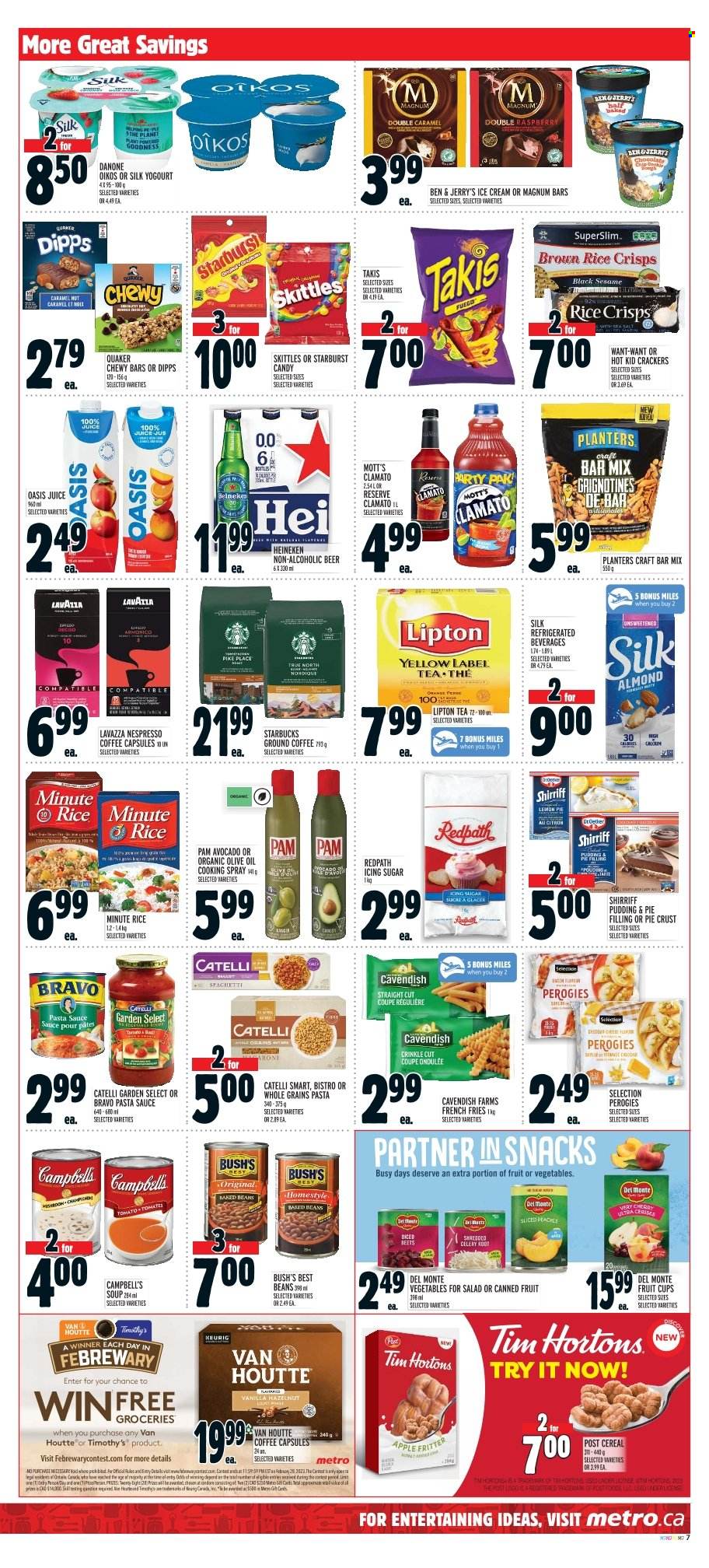 thumbnail - Metro Flyer - February 02, 2023 - February 08, 2023 - Sales products - celery, avocado, fruit cup, peaches, Mott's, Campbell's, spaghetti, pasta sauce, soup, sauce, Quaker, pudding, Oikos, Magnum, ice cream, Ben & Jerry's, potato fries, french fries, snack, crackers, Skittles, Starburst, rice crisps, sugar, pie crust, pie filling, icing sugar, canned fruit, Del Monte, cereals, brown rice, cooking spray, olive oil, oil, Planters, juice, Clamato, tea, coffee, Nespresso, ground coffee, coffee capsules, Starbucks, Lavazza, beer, Heineken, Danone, Lipton. Page 8.