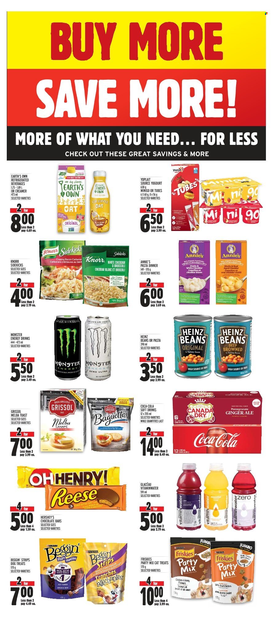 thumbnail - Metro Flyer - February 02, 2023 - February 08, 2023 - Sales products - broccoli, pomegranate, sauce, Annie's, bacon, Yoplait, creamer, Hershey's, strips, chocolate bar, sugar, oats, Canada Dry, Coca-Cola, ginger ale, energy drink, Monster, soft drink, Monster Energy, Carbona, Purina, Beggin', Friskies, baguette, Heinz, Knorr. Page 11.