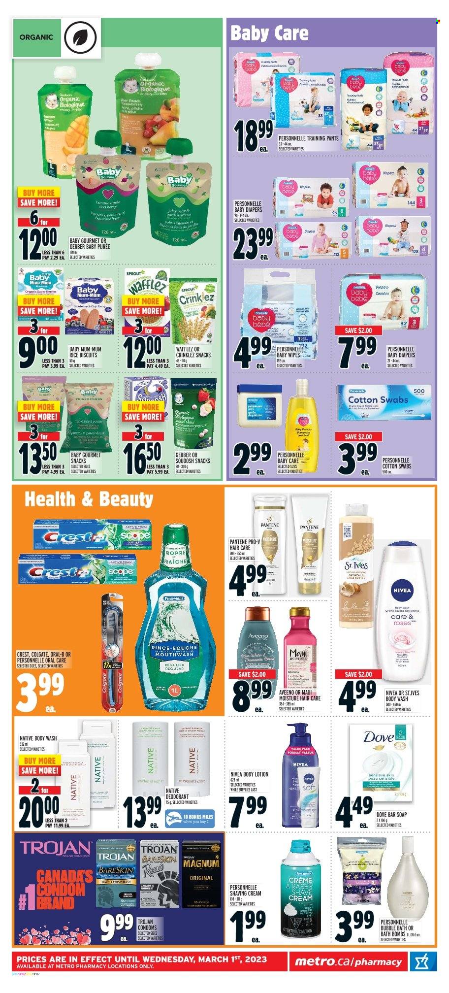 thumbnail - Metro Flyer - February 02, 2023 - February 08, 2023 - Sales products - Magnum, Dove, snack, biscuit, Gerber, rice, Bai, wipes, pants, baby wipes, nappies, baby pants, Aveeno, Nivea, body wash, bubble bath, bath bomb, soap bar, soap, mouthwash, Crest, Pantene, Maui Moisture, body lotion, anti-perspirant, Mum, shave cream, condom, paper, rose, Colgate, Oral-B, deodorant. Page 15.