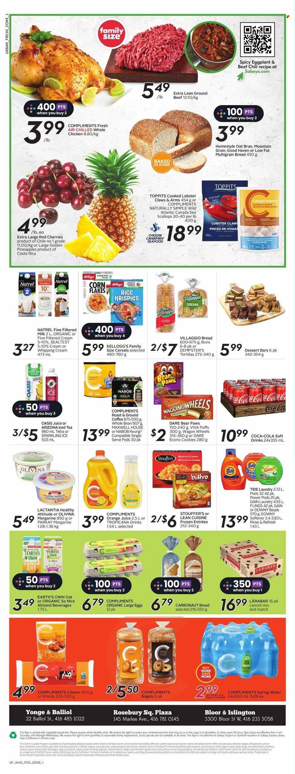 thumbnail - Sobeys Urban Fresh Flyer - February 02, 2023 - February 08, 2023 - Sales products - bagels, bread, multigrain bread, tortillas, buns, puffs, eggplant, pineapple, cherries, lobster, scallops, seafood, Lean Cuisine, cheese, milk, large eggs, margarine, whipping cream, Stouffer's, cookies, Kellogg's, sugar, corn flakes, Rice Krispies, Classico, Coca-Cola, lemonade, orange juice, juice, ice tea, soft drink, AriZona, spring water, Maxwell House, coffee, ground coffee, Starbucks, McCafe, Keurig, So Nice, whole chicken, chicken, beef meat, ground beef, Gain, Tide, fabric softener, Downy Laundry, Paws. Page 2.