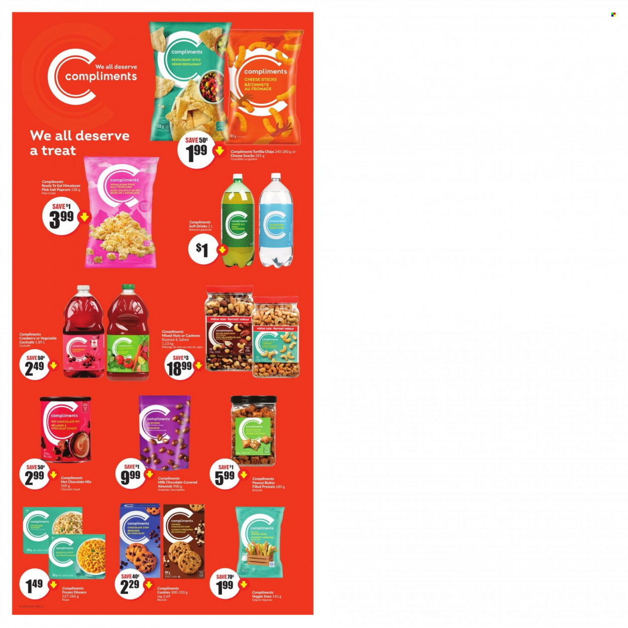 thumbnail - Chalo! FreshCo. Flyer - February 02, 2023 - February 08, 2023 - Sales products - pretzels, cheese sticks, cookies, milk chocolate, snack, tortilla chips, popcorn, peanut butter, almonds, cashews, mixed nuts, soft drink, hot chocolate, wine, rosé wine, rose. Page 10.