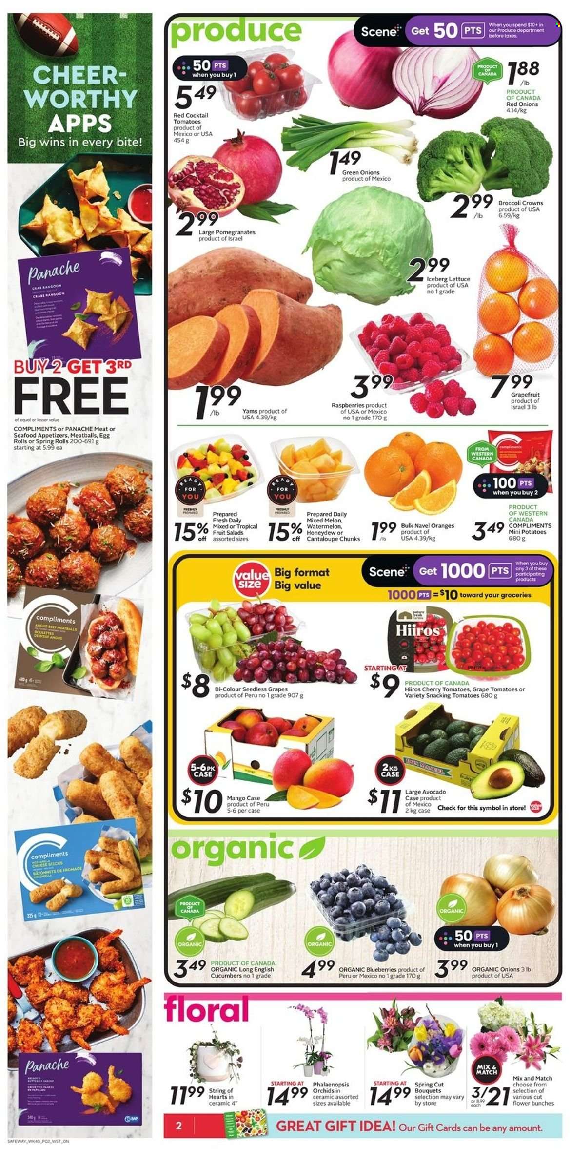 thumbnail - Safeway Flyer - February 02, 2023 - February 08, 2023 - Sales products - cantaloupe, cucumber, red onions, potatoes, lettuce, green onion, avocado, blueberries, grapefruits, seedless grapes, watermelon, honeydew, cherries, oranges, melons, pomegranate, navel oranges, seafood, crab, meatballs, egg rolls, spring rolls, cheese, cheese sticks, beef meat, bunches, bouquet. Page 3.