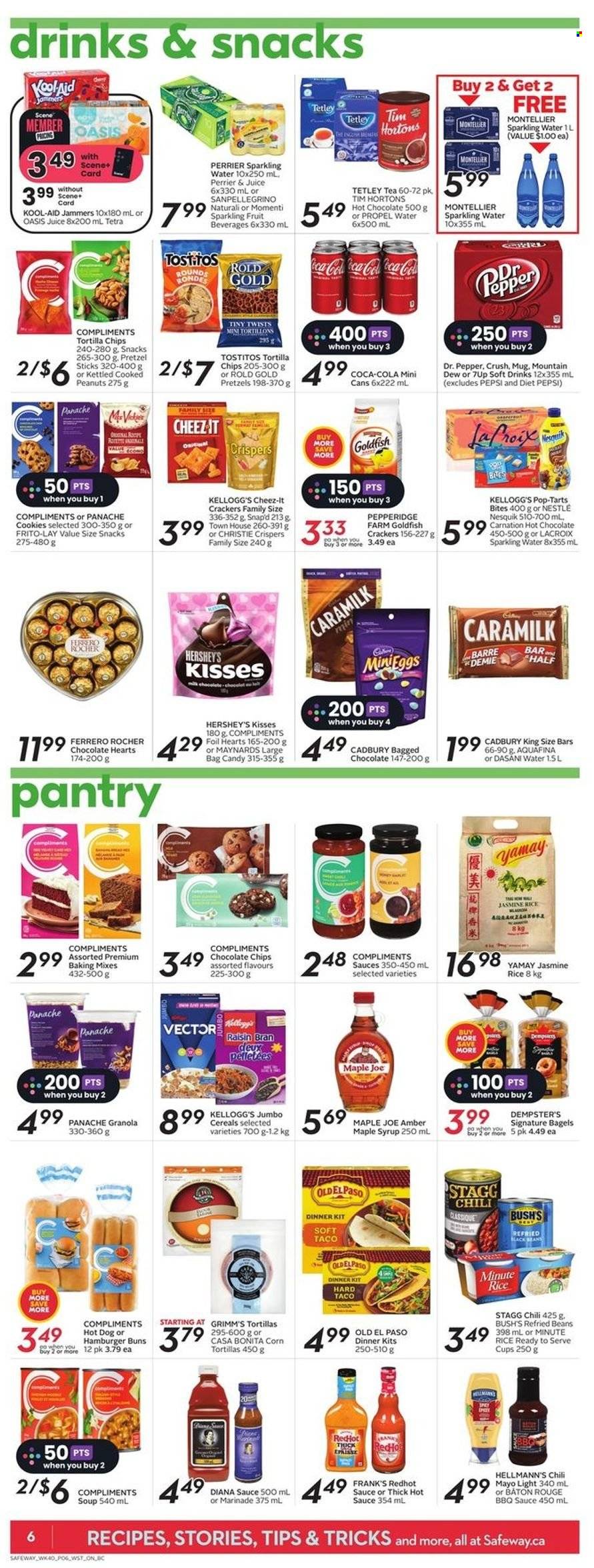 thumbnail - Safeway Flyer - February 02, 2023 - February 08, 2023 - Sales products - corn tortillas, pretzels, buns, Old El Paso, burger buns, beans, hot dog, soup, dinner kit, milk, mayonnaise, Hellmann’s, Hershey's, cookies, crackers, Kellogg's, Cadbury, Pop-Tarts, tortilla chips, Goldfish, Frito-Lay, Cheez-It, Tostitos, baking mix, refried beans, cereals, Raisin Bran, rice, jasmine rice, BBQ sauce, hot sauce, marinade, maple syrup, syrup, peanuts, Coca-Cola, Mountain Dew, Pepsi, juice, Dr. Pepper, Diet Pepsi, soft drink, 7UP, Perrier, Aquafina, sparkling water, hot chocolate, tea, granola, kool aid, Nestlé, Ferrero Rocher, Nesquik. Page 7.