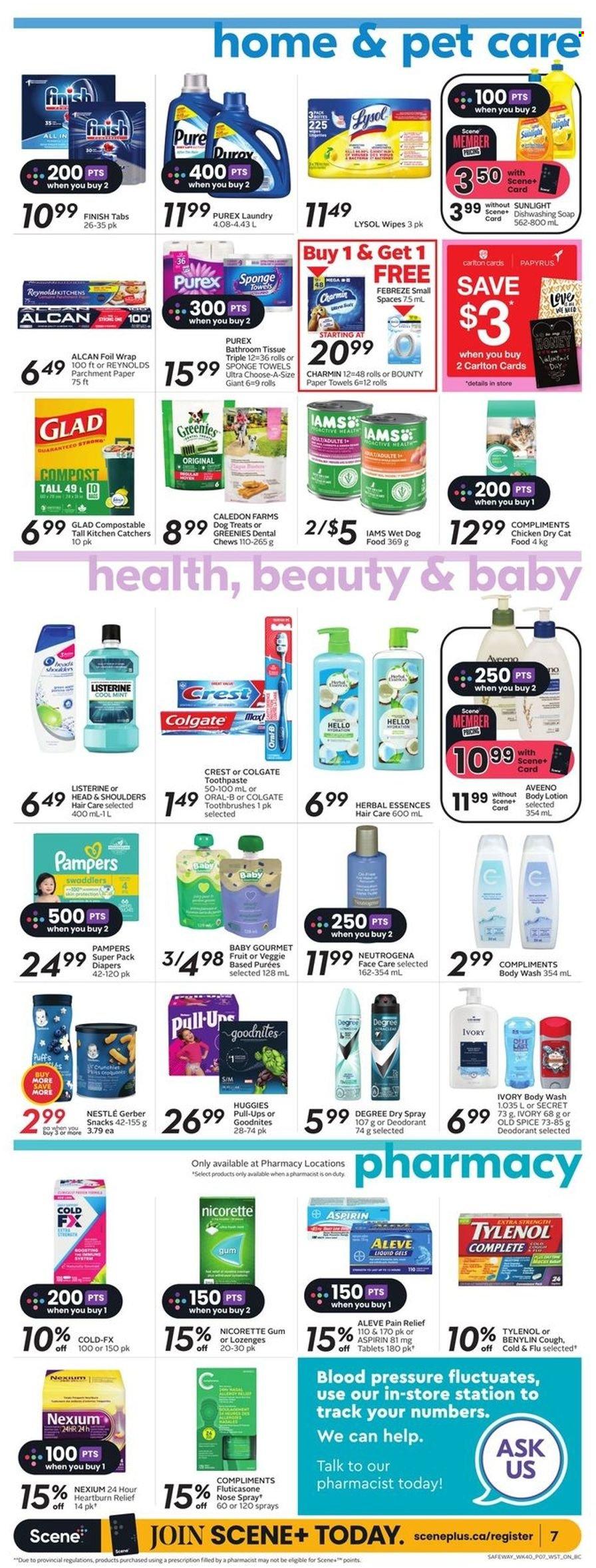 thumbnail - Safeway Flyer - February 02, 2023 - February 08, 2023 - Sales products - puffs, snack, Bounty, chewing gum, Gerber, spice, wipes, Pampers, nappies, Aveeno, bath tissue, kitchen towels, paper towels, Charmin, Febreze, Lysol, Sunlight, Purex, body wash, soap, toothpaste, Crest, Head & Shoulders, Herbal Essences, body lotion, anti-perspirant, animal food, cat food, dog food, wet dog food, Greenies, dry cat food, Iams, pain relief, Aleve, Cold & Flu, Nicorette, Tylenol, Nexium, Nicorette Gum, aspirin, Benylin, Colgate, Listerine, Nestlé, Neutrogena, Huggies, Old Spice, Oral-B, deodorant. Page 8.