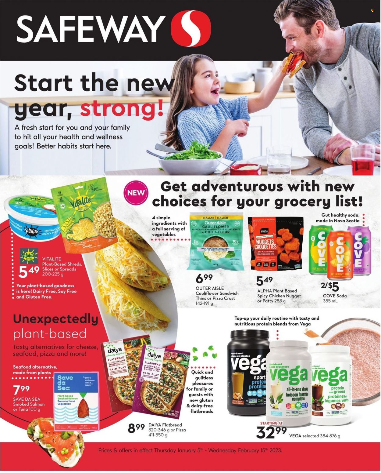 thumbnail - Safeway Flyer - February 02, 2023 - February 08, 2023 - Sales products - flatbread, wraps, kale, onion, oranges, salmon, smoked salmon, tuna, seafood, pizza, sandwich, nuggets, sausage, italian sausage, cheddar, shake, potato croquettes, Mars, Thins, pepper, peanut butter, soda. Page 11.