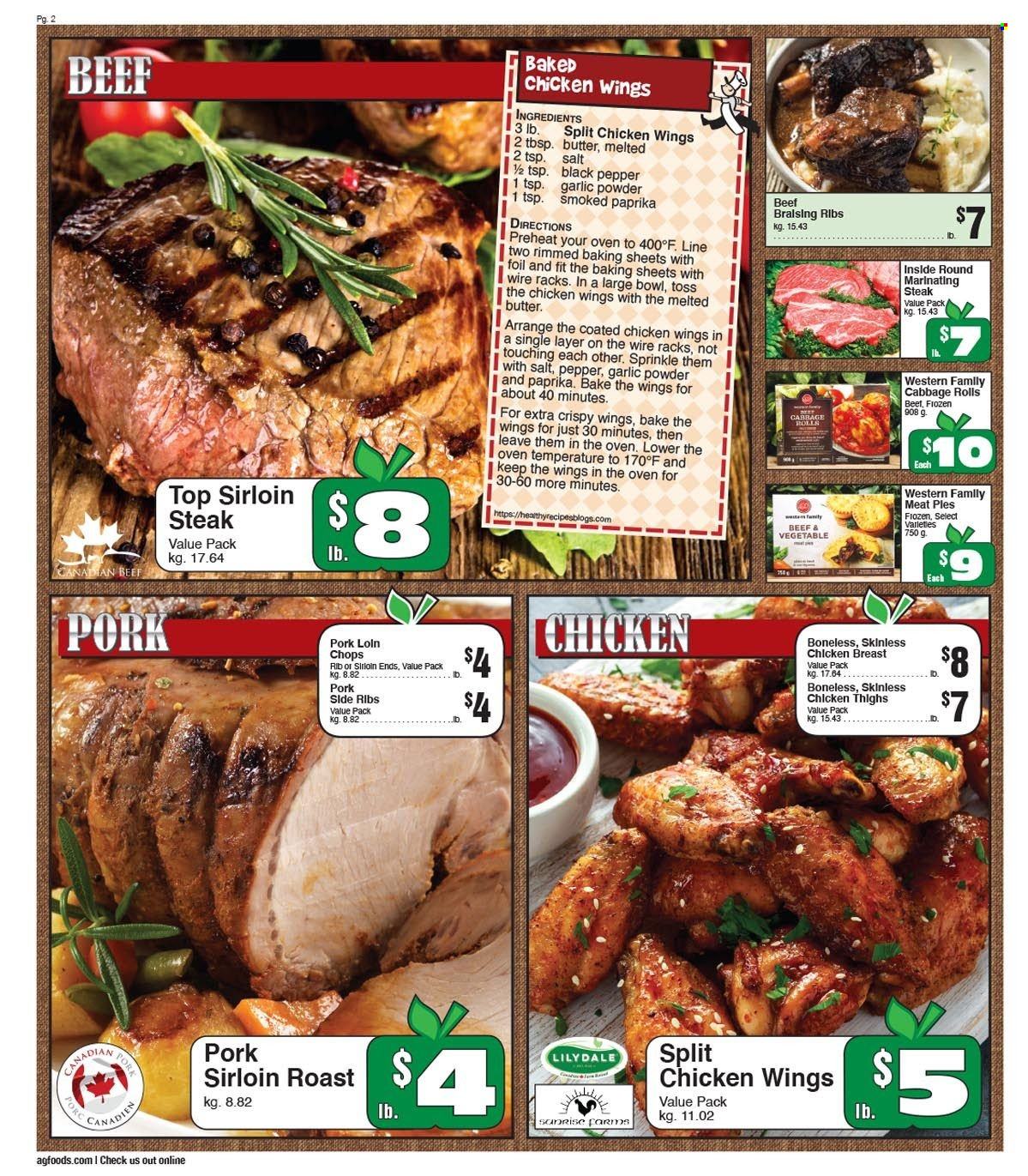 thumbnail - AG Foods Flyer - January 29, 2023 - February 04, 2023 - Sales products - chicken wings, black pepper, garlic powder, chicken breasts, chicken thighs, chicken, beef sirloin, sirloin steak, ribs, pork loin, steak. Page 2.