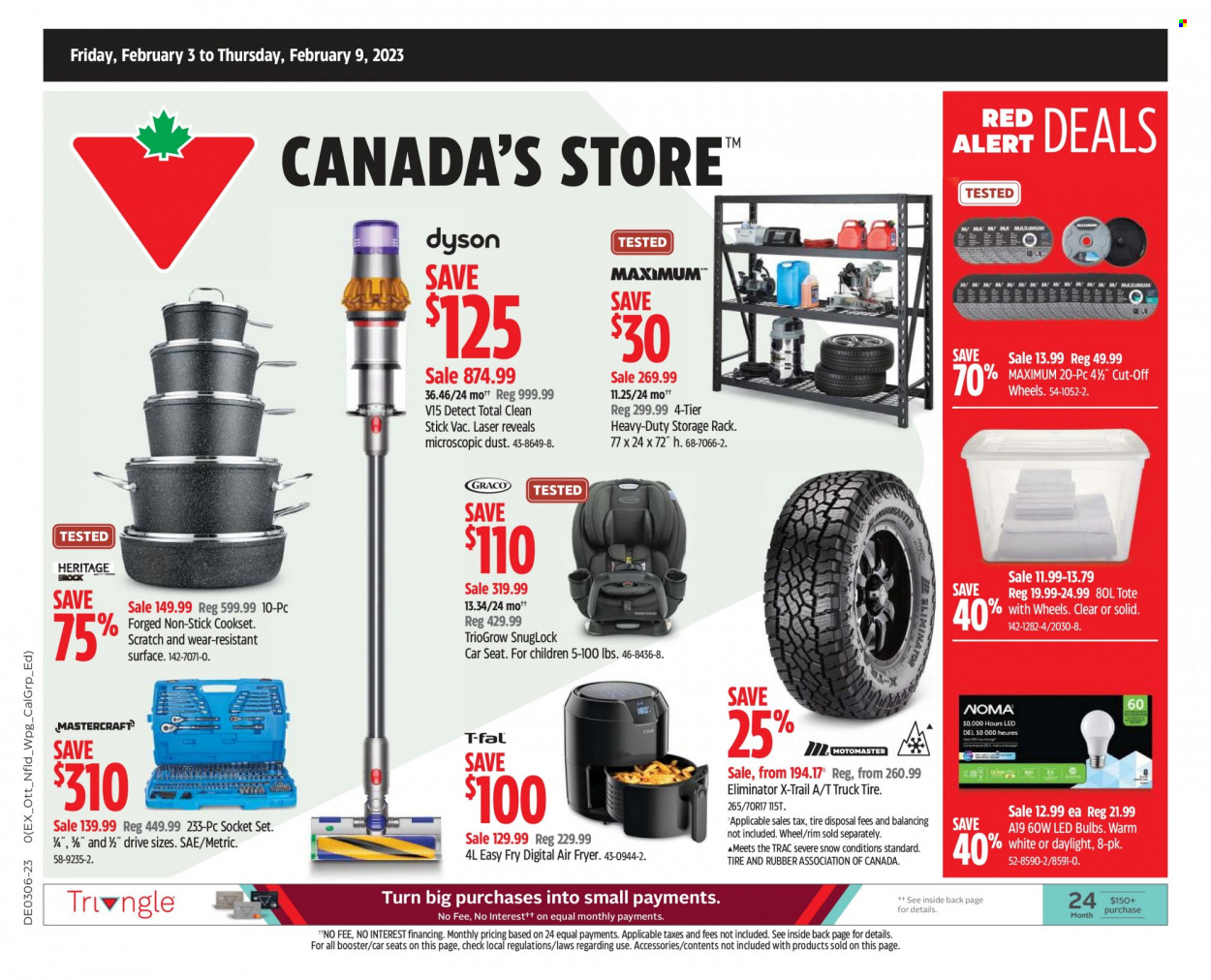 thumbnail - Canadian Tire Flyer - February 03, 2023 - February 09, 2023 - Sales products - eraser, bulb, LED bulb, air fryer, baby car seat, socket, grinding wheel, socket set. Page 1.