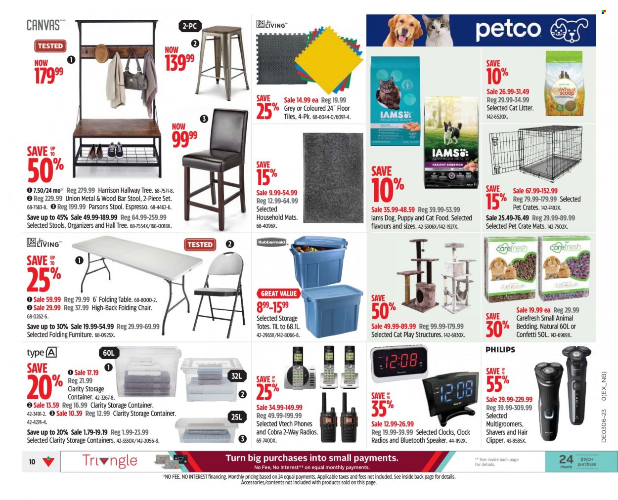 thumbnail - Canadian Tire Flyer - February 03, 2023 - February 09, 2023 - Sales products - chair, clock, container, storage box, crate, bedding, animal food, cat litter, animal bedding, cat food, Iams, speaker, bluetooth speaker, hair clipper, table, stool, bar stool, folding table, folding chair, tote, Vtech, floor tile. Page 10.
